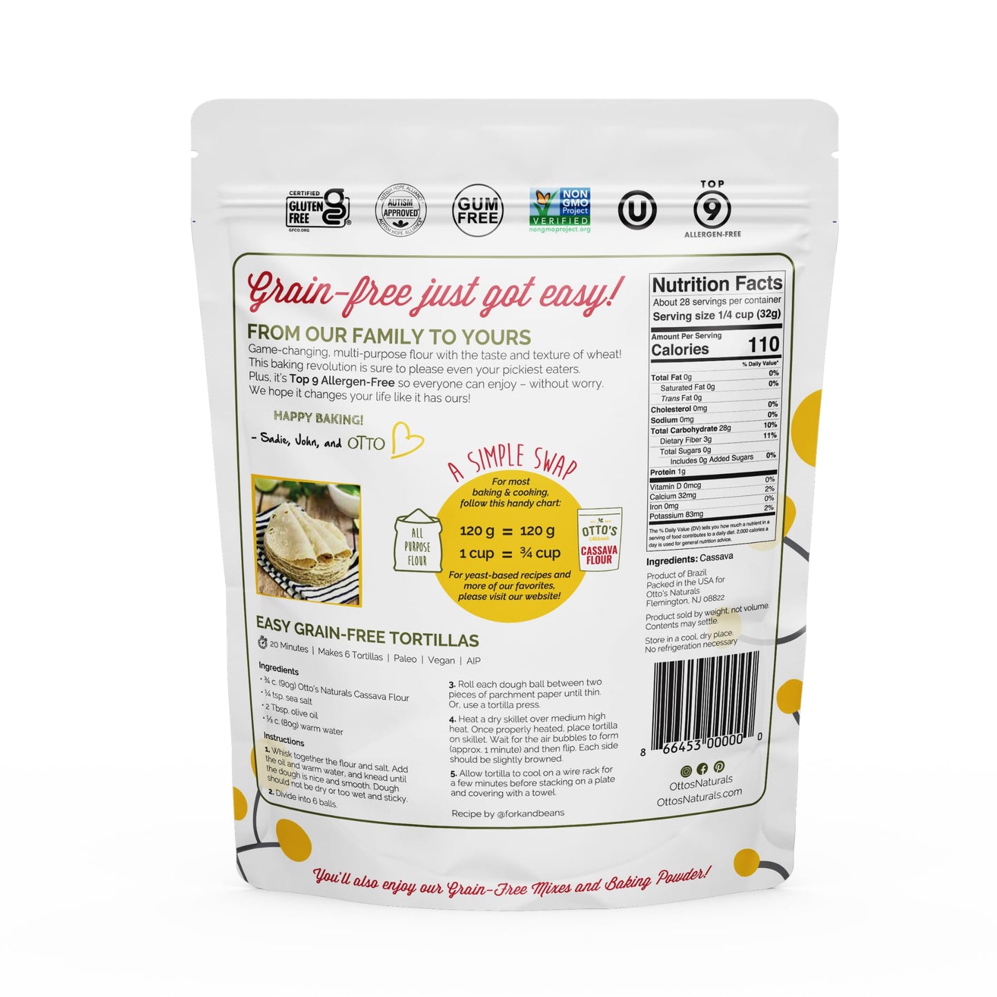 Otto's Naturals Multi-Purpose Cassava Flour, Non-GMO, Gluten-Free, Grain, Nut and Gum-Free, 1-to-1 Wheat Flour Alternative, Paleo, AIP, 2 lb