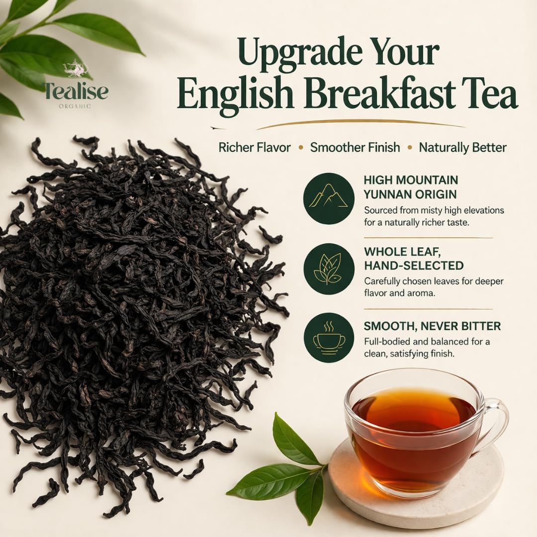 Organic English Breakfast Black Tea - High Mountain Yunnan Whole Leaf Tea - Bold, Smooth & Full-Bodied Morning Tea - 1 lb (454g) Bulk Loose Leaf