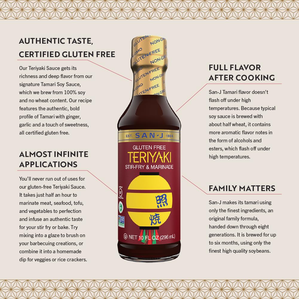 San-J - Spice of Life Variety Pack- Teriyaki, Orange Sauce, Szechuan, Thai Peanut - All Gluten Free Cooking Sauces - Non-GMO - 10 oz. Bottles - 4 Pack