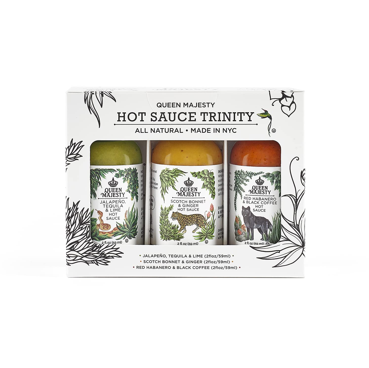 Queen Majesty 2OZ HOT SAUCE SAMPLER, Mini 2 oz - Jalapeño, Scotch Bonnet, Red Habanero/Award Winning Sauces - All Natural, Kosher, Vegan, Gluten Free