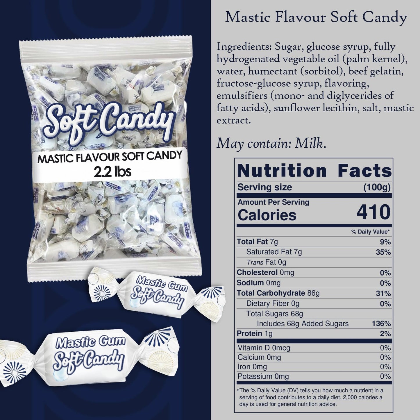 Ceres Gourmet Mastic Soft Candy Bulk 2.2 lb - Individually Wrapped Chewy Candy with Natural Mastic Flavor - Bulk Gourmet Candies for Parties, Offices