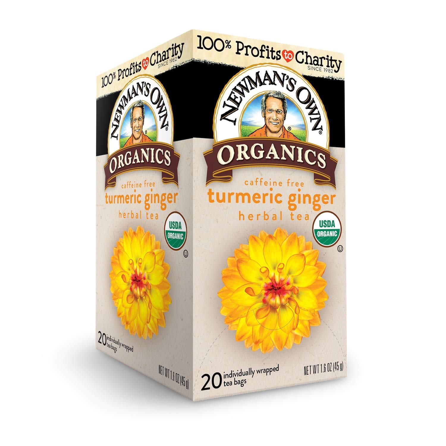 Newman's Own Organic Turmeric Ginger Herbal Tea, Caffeine-Free, Savory & Spicy Flavors Combined For The Perfect Cup Of Tea, 6 Pack Of 20 Tea Bags
