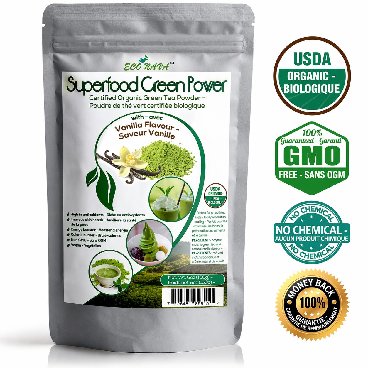 Vanilla Matcha Green Tea Powder - ECO NAVA - Certified USDA Organic - GMO FREE - 100% Natural - Premium Grade Macha Powder for Making Cake, Smoothie