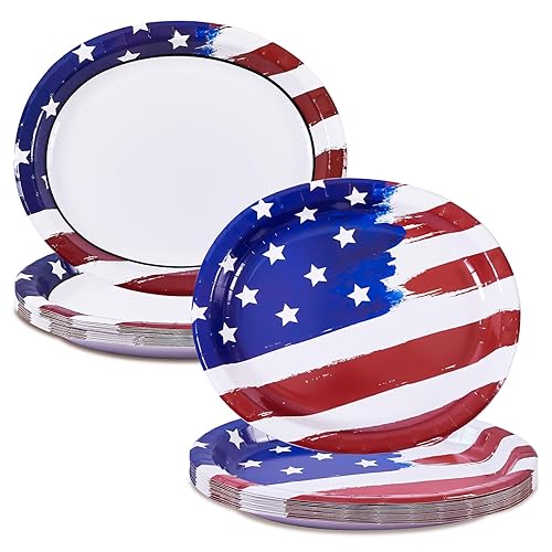 Dereinwo Patriotic Oval Paper Plates Large 12" X 10" Disposable Platters Party Goods Set July 4th American Flag Design Red Blue and White Paper Plates