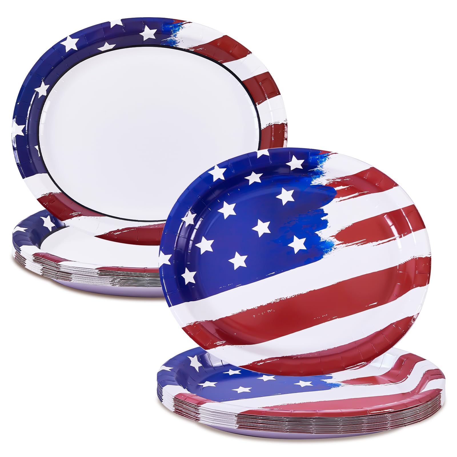 Dereinwo Patriotic Oval Paper Plates Large 12" X 10" Disposable Platters Party Goods Set July 4th American Flag Design Red Blue and White Paper Plates