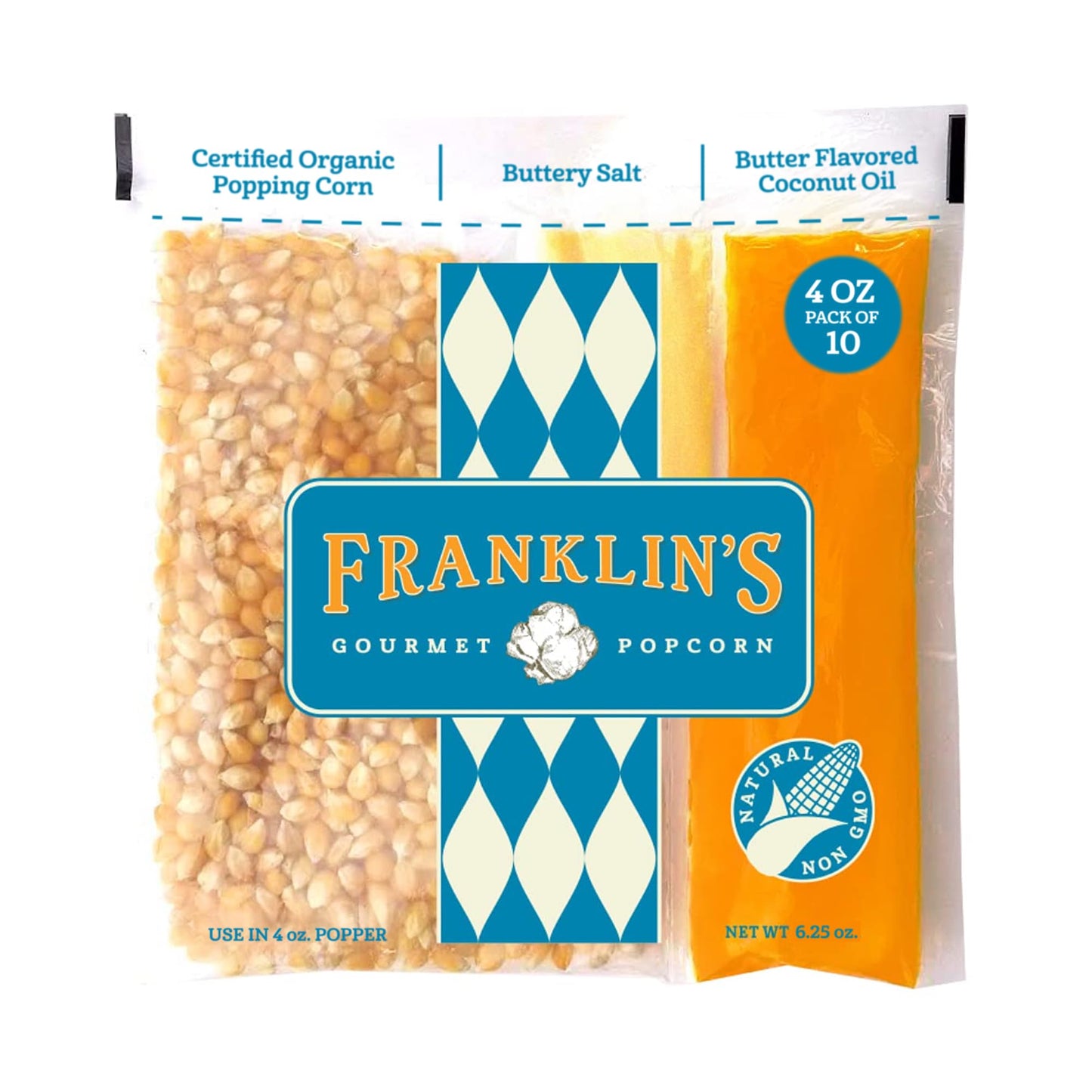 Franklin’s Gourmet Popcorn All-In-One Pre-Measured Packs - 4oz. Pack of 10 - Butter Flavored Coconut Oil + Butter Salt Popcorn Seasoning + Organic