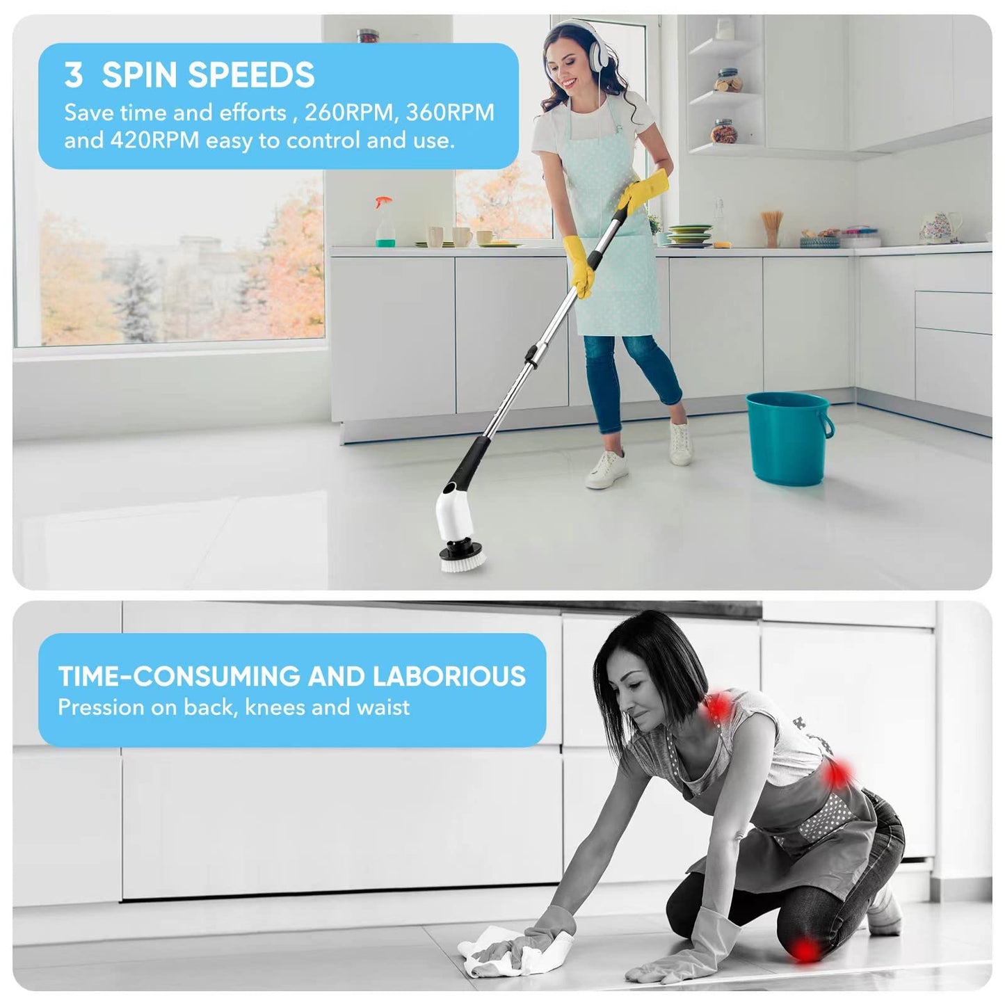 Electric Spin Scrubber, Cordless Cleaning Brush Power Shower Scrubber Long Handle Extendable Handheld Electric Scrubber for Bathroom Floor Tub Tile