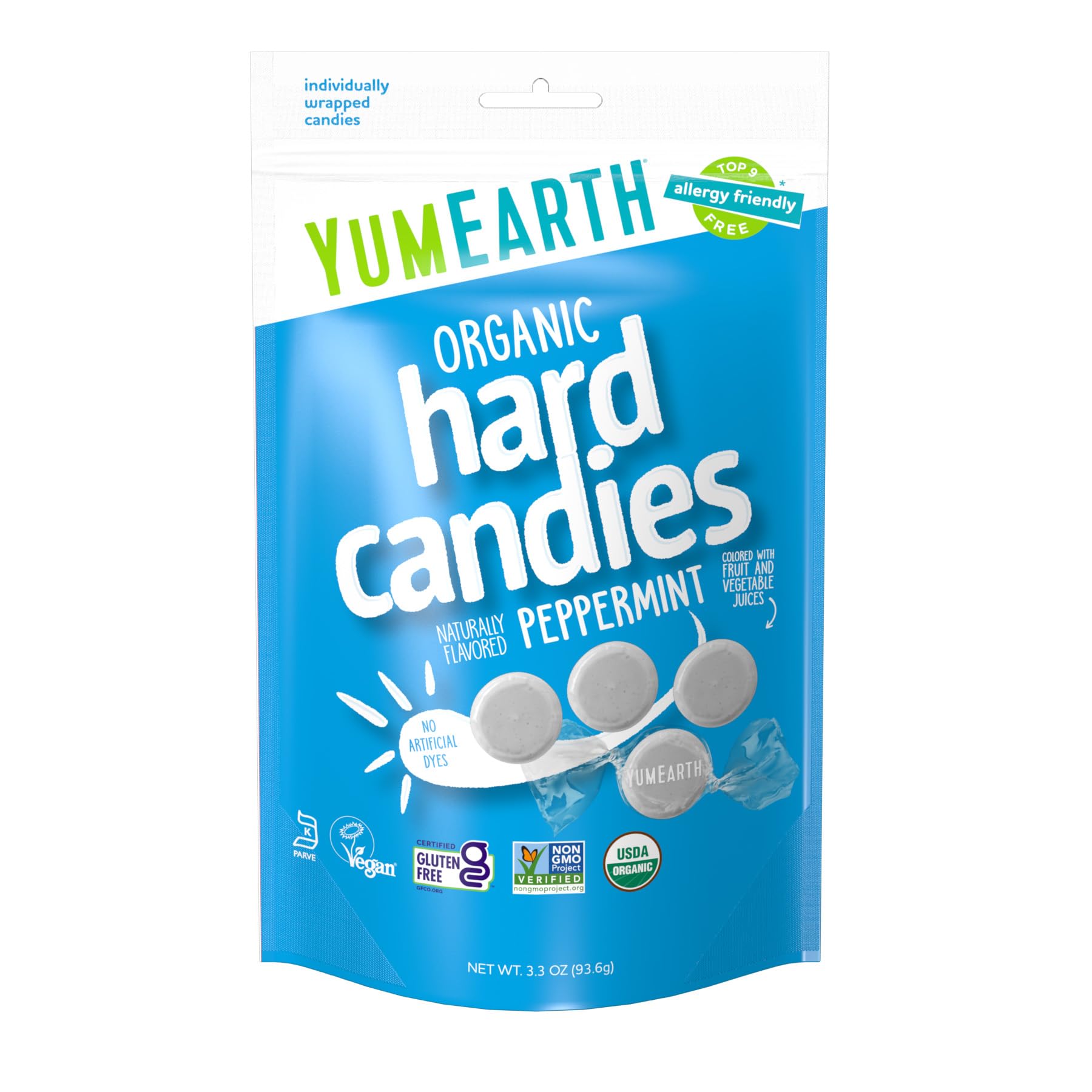 YumEarth Organic Wild Peppermint Drops - Mint Flavored Natural Hard Candy, Peppermint Candy for Kids - Allergy Friendly, Non GMO, Gluten Free, Vegan