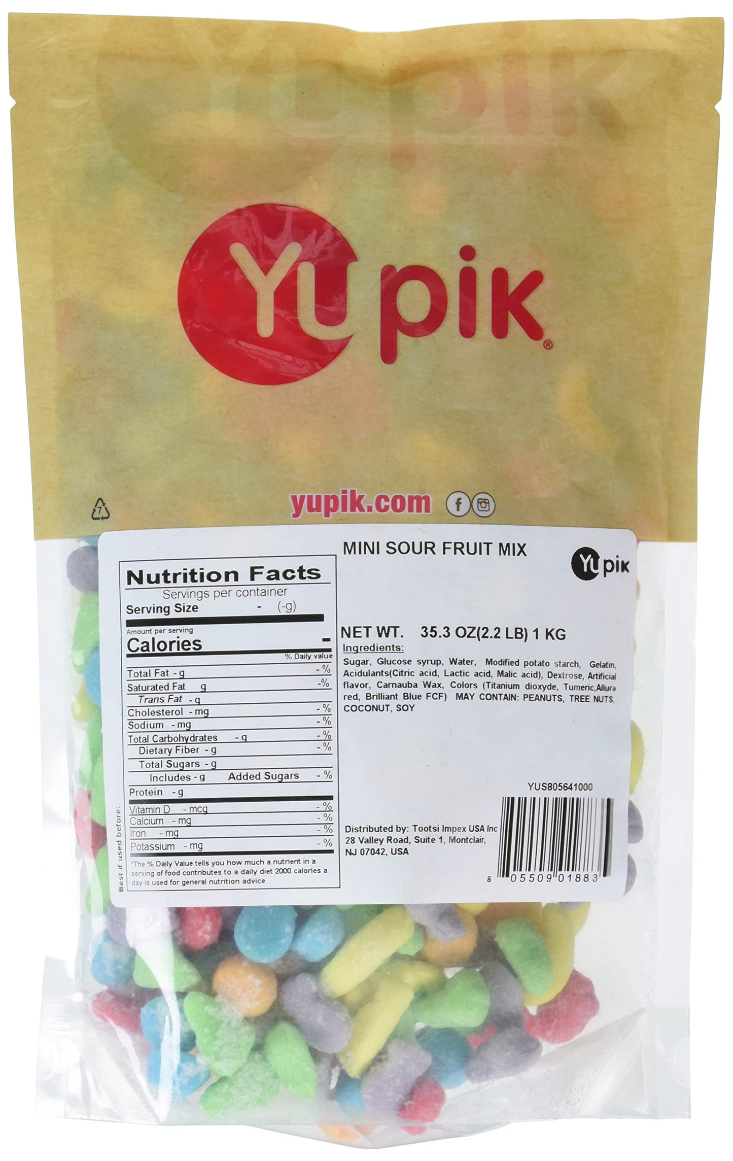 Yupik Mini Sour Fruit Mix, 2.2 lb (35.2 oz), Non-GMO Colorful Gummy Fruit Salad with Juicy Pears, Bananas, Oranges, & More, Dusted in Sour Sugar for a