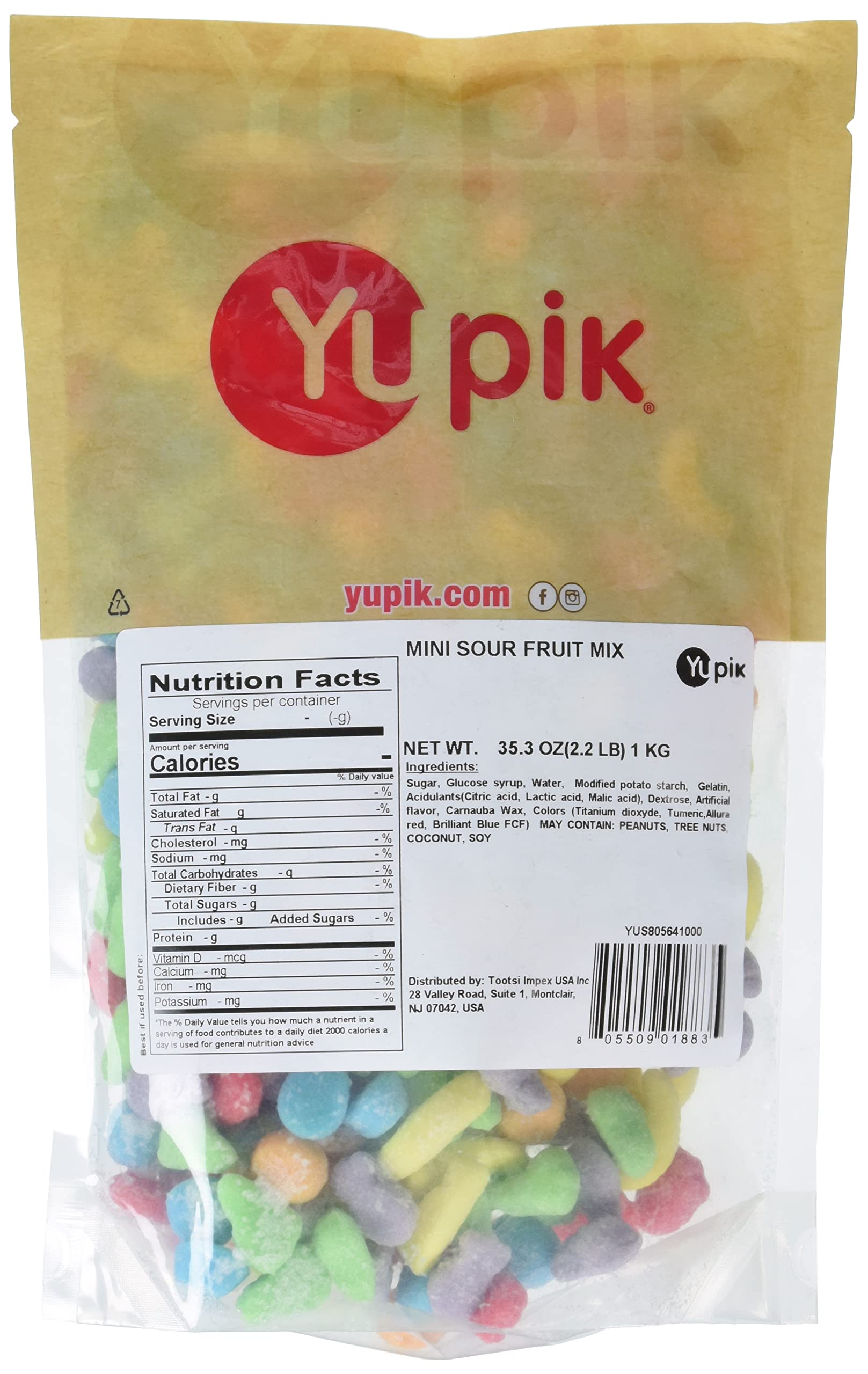 Yupik Mini Sour Fruit Mix, 2.2 lb (35.2 oz), Non-GMO Colorful Gummy Fruit Salad with Juicy Pears, Bananas, Oranges, & More, Dusted in Sour Sugar for a
