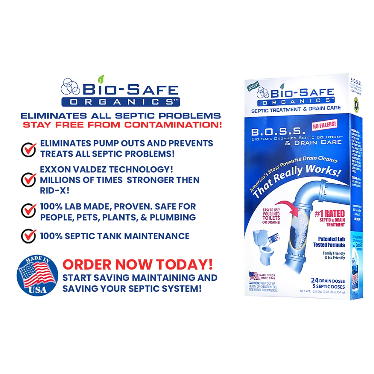 B.O.S.S. Septic Tank Treatment - 12.5oz Powder - 24 Drain or 5 Septic Doses - Patented Bacterial Enzyme - 100% Treats Odors Clogs Backups Pumpouts