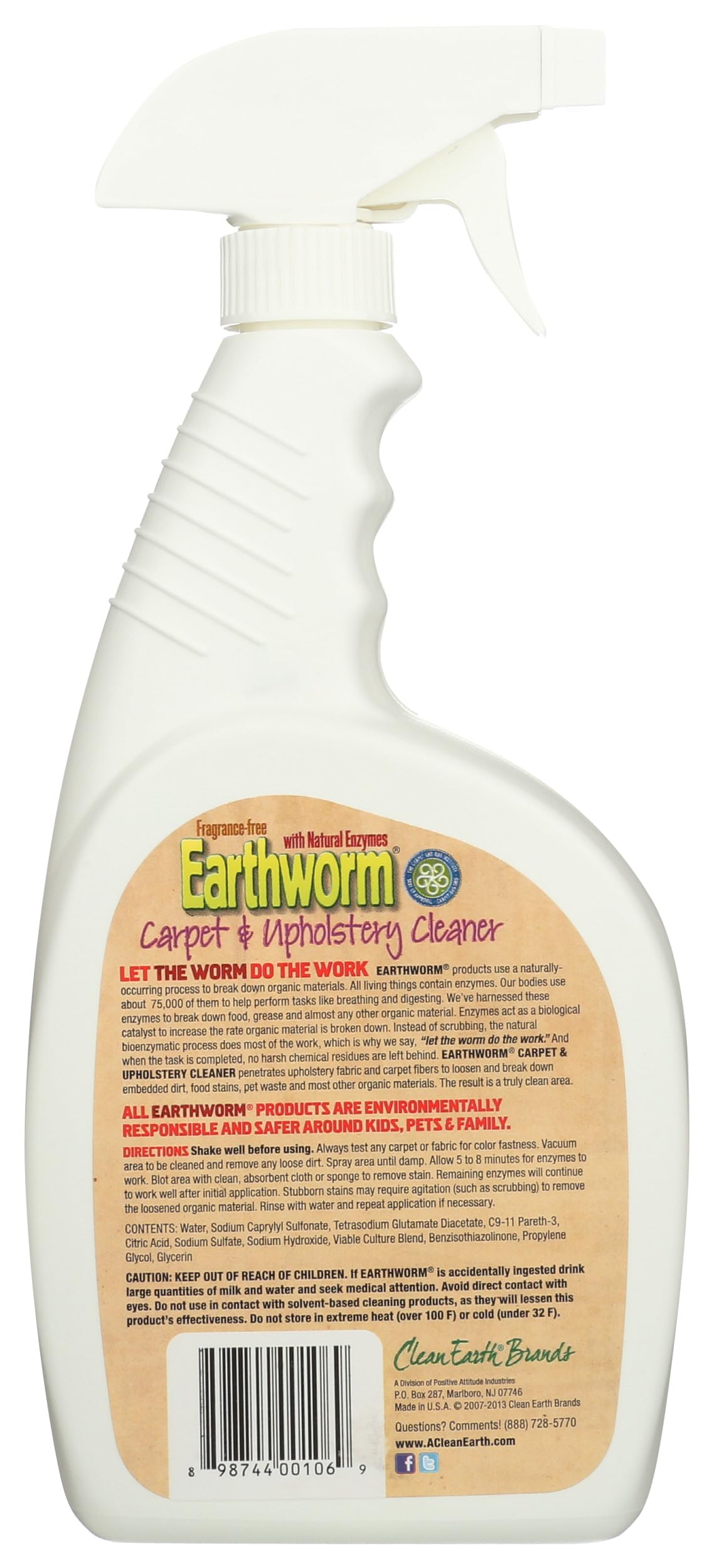 Earthworm Carpet & Upholstery Cleaner Spot & Stain Remover - Natural Enzymes, Safer for Family, Environmentally Responsible - 22 oz