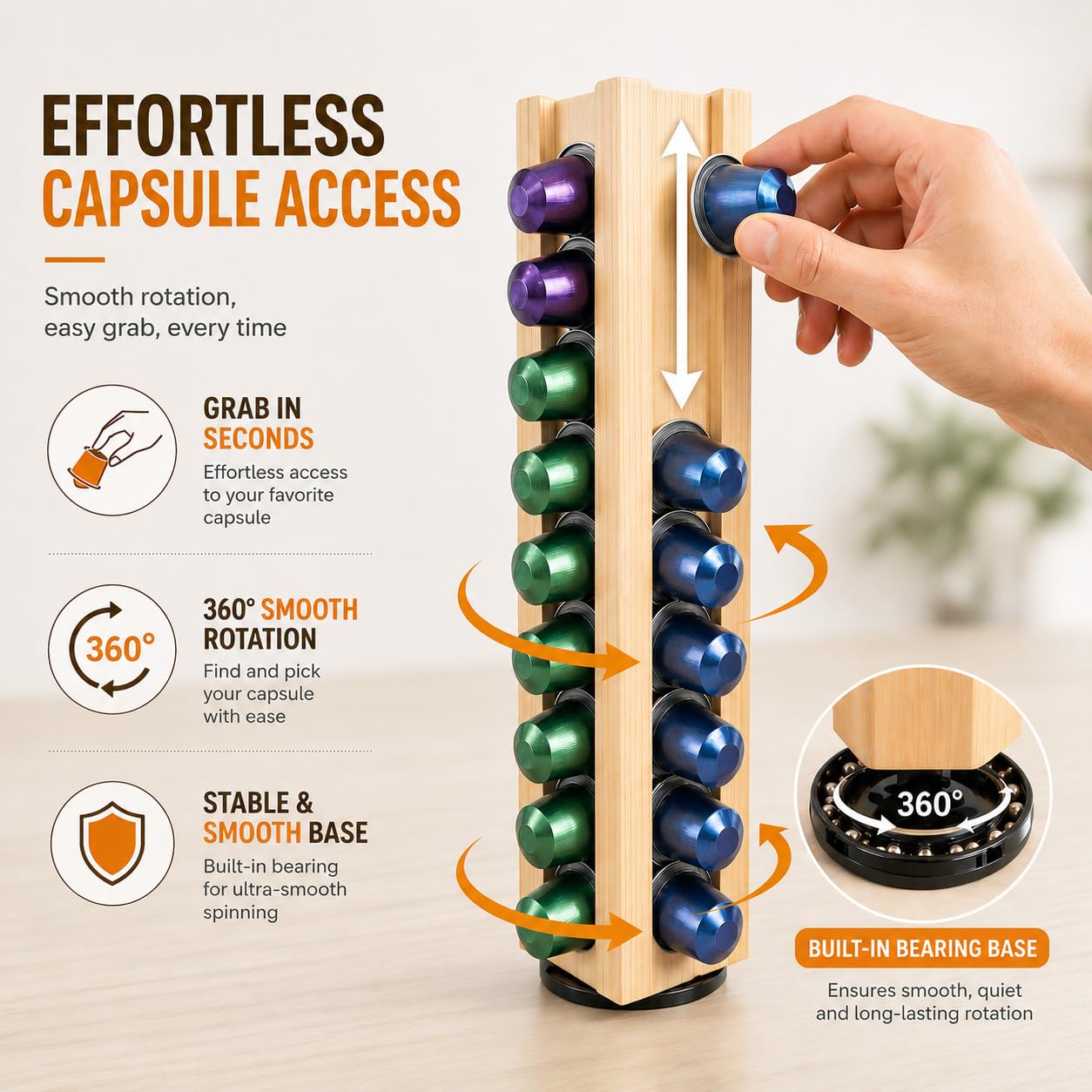 VOMELON Wooden Coffee Pod Holder Compatible with Nespresso Original Pods,Rotating Vertical Carousel Pod Holder Coffee Station Countertop Organizer