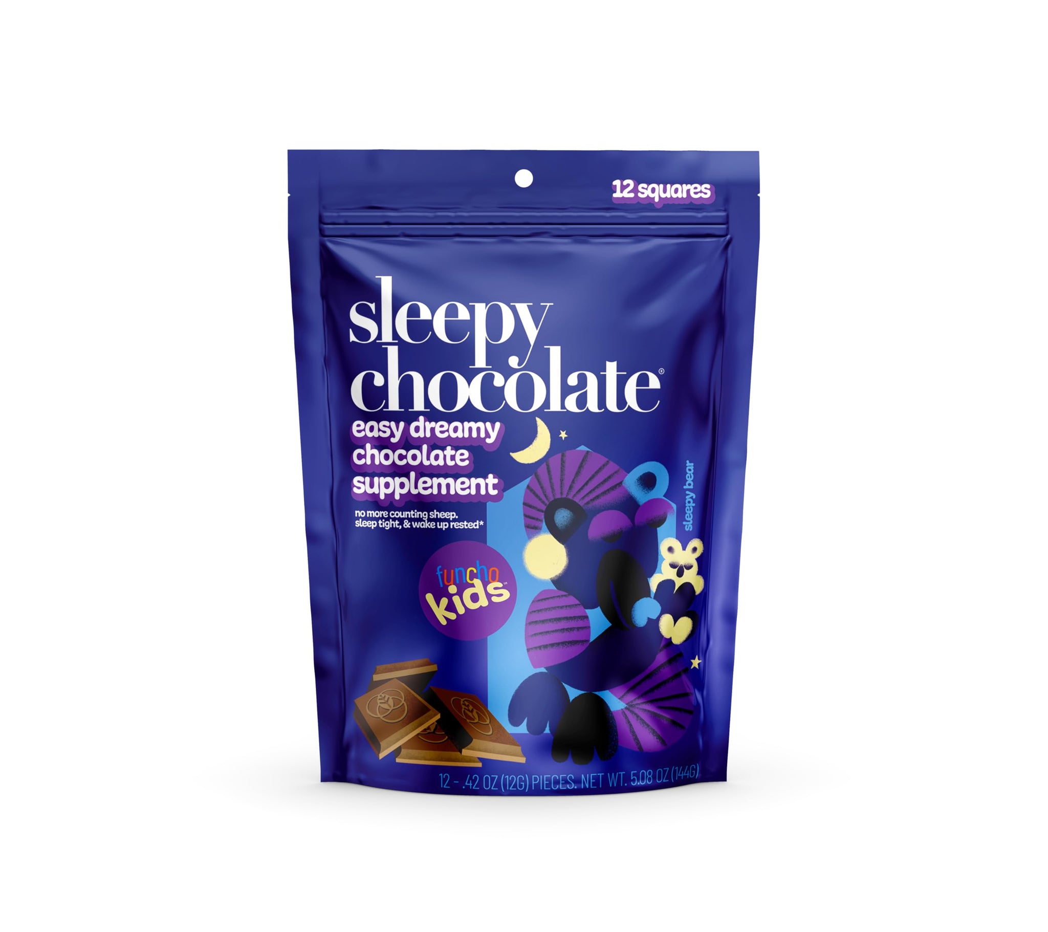Sleepy Chocolate for Kids by The Functional Chocolate Company. 12 dark chocolate pieces with calming formula including popular botanicals such as