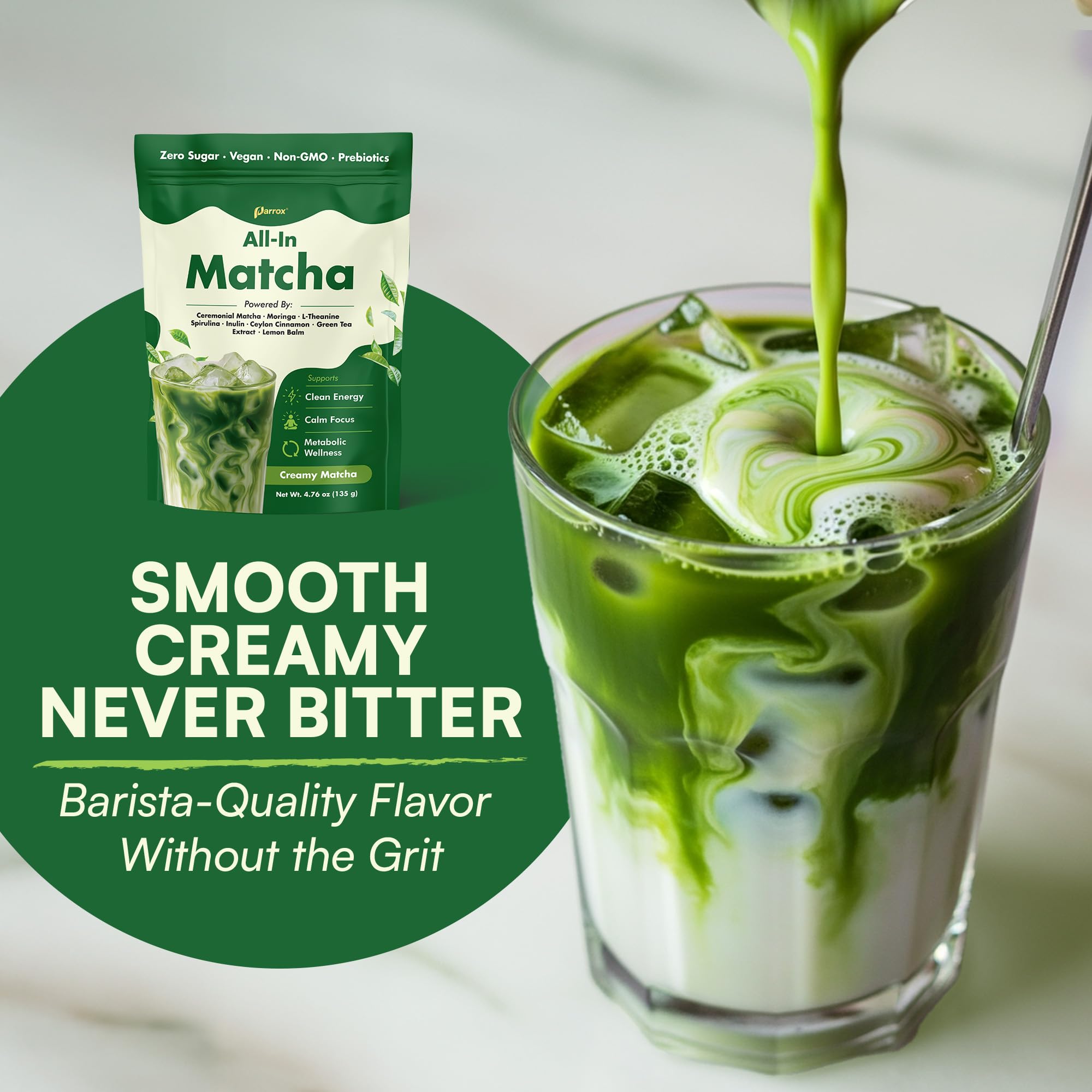 Ceremonial Grade Matcha Powder Infused with Moringa, Green Tea Extract, L-Theanine, Inulin, Spirulina, Ceylon Cinnamon, and Lemon Balm - 100% First