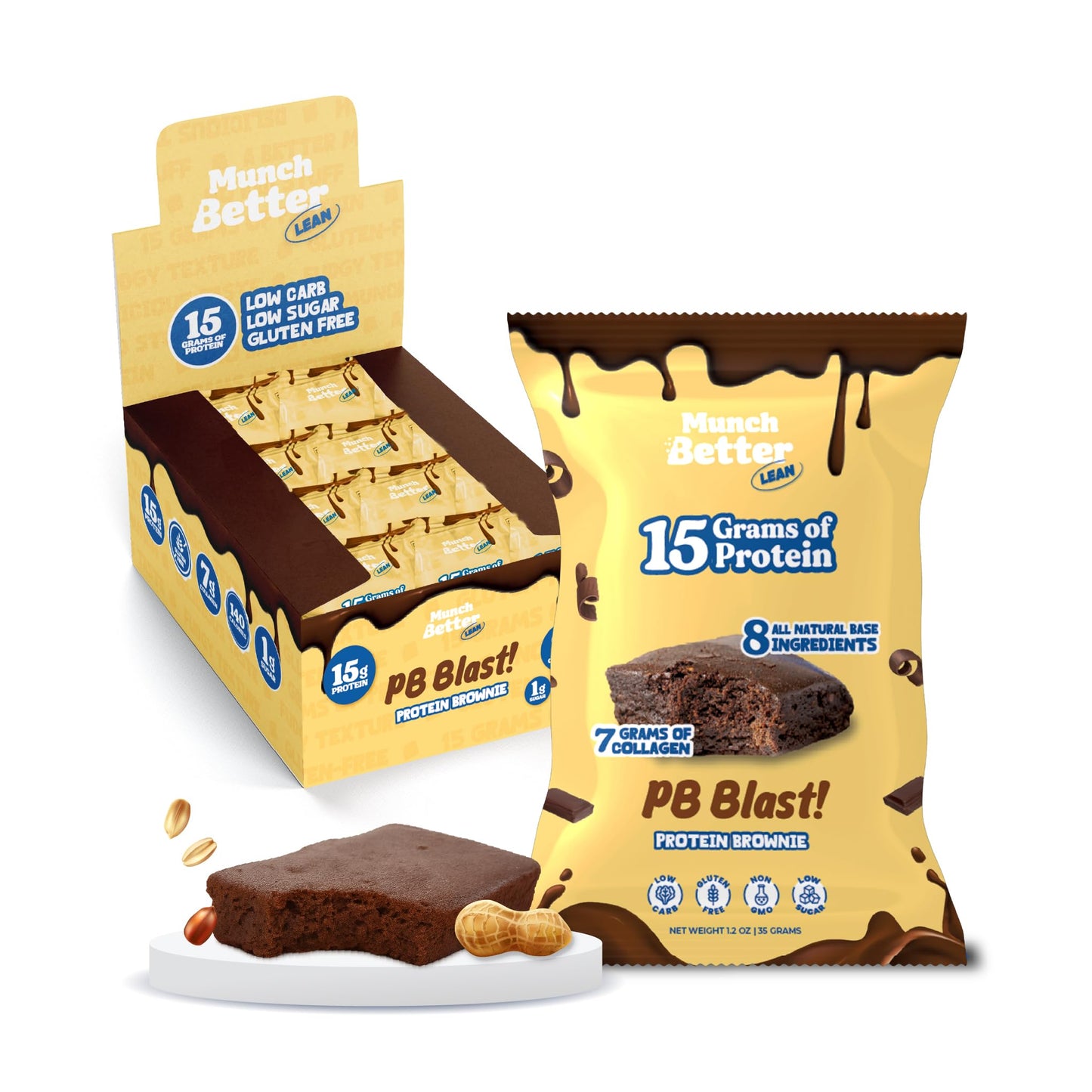 Munch Better PB Blast! Protein Brownies - 15g Protein, Gluten-Free, Low Sugar, Soft Baked Peanut Butter Brownie Bars, 7g Collagen, Clean Ingredients