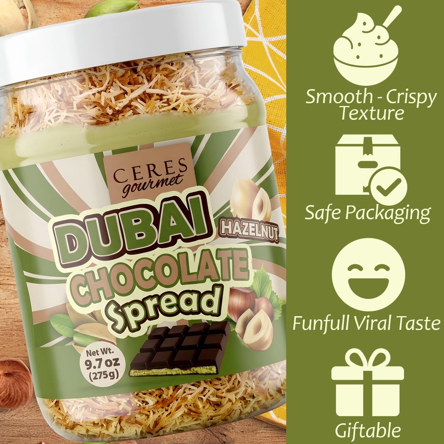 Ceres Gourmet Dubai Chocolate Crunchy Spread with Roasted Hazelnut Pieces, Spoonful Chocolate Snack with Crispy Kataifi and Smooth Pistachio Cream