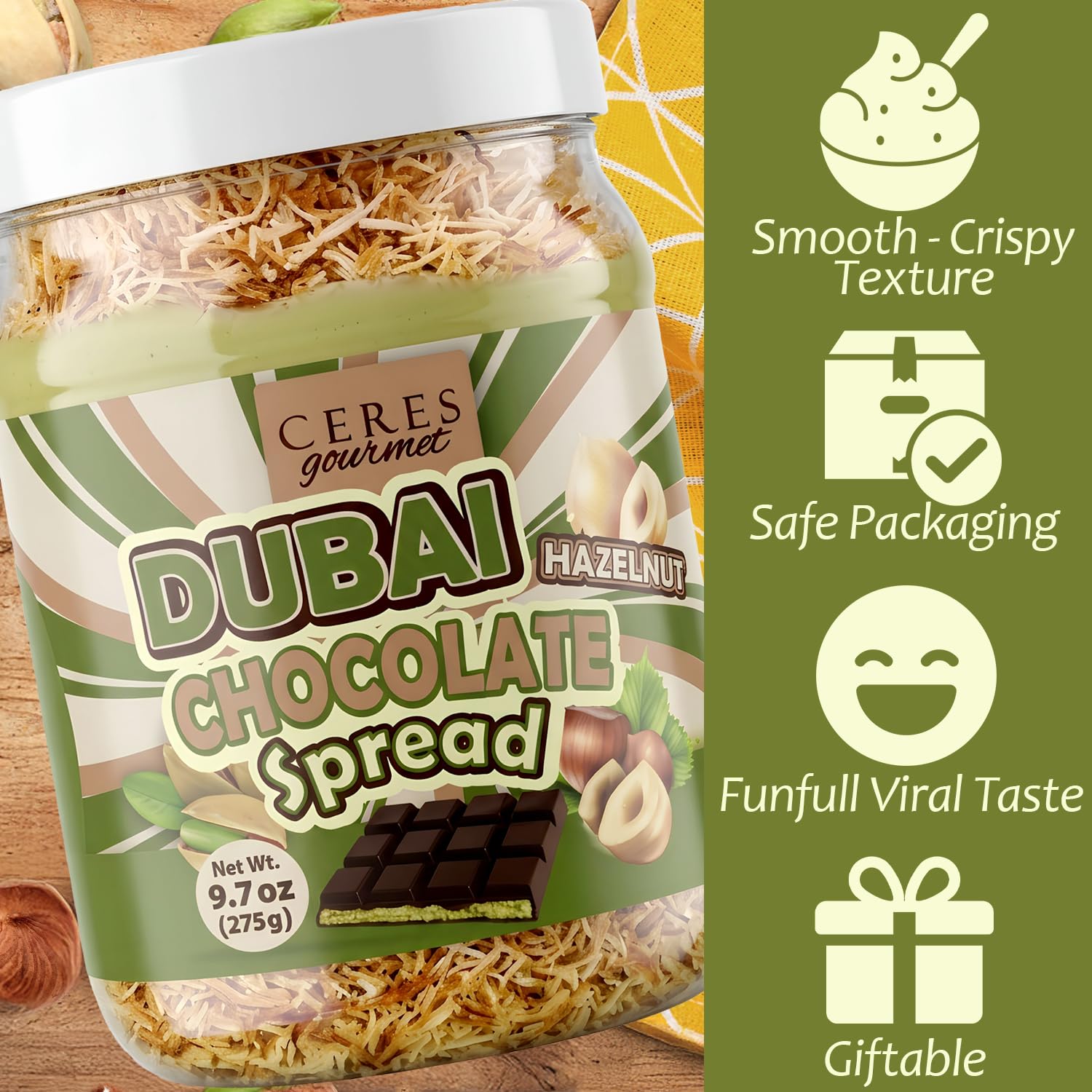 Ceres Gourmet Dubai Chocolate Crunchy Spread with Roasted Hazelnut Pieces, Spoonful Chocolate Snack with Crispy Kataifi and Smooth Pistachio Cream
