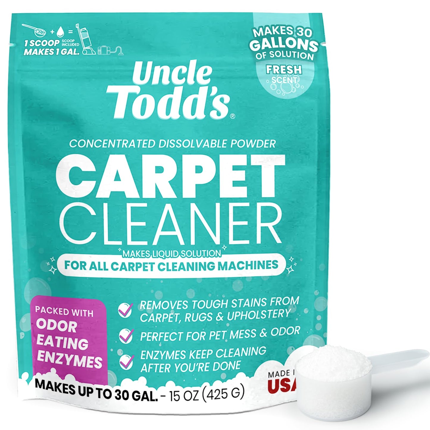 Uncle Todd's Carpet Cleaner Powder for Machines | Makes 30 Gallons of Carpet Cleaner Solution | Enzyme Formula Carpet Deodorizer | Removes Pet Odors