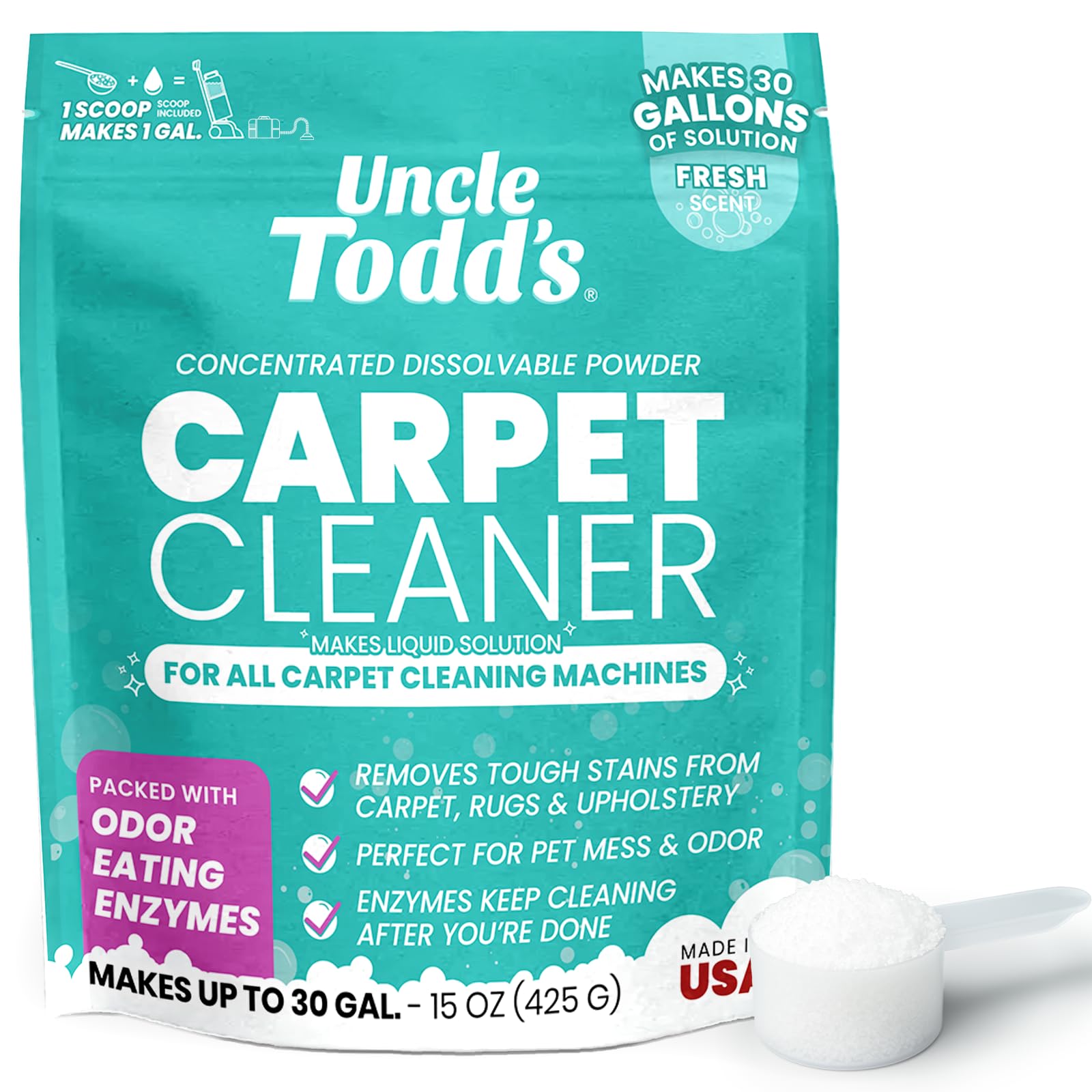 Uncle Todd's Carpet Cleaner Powder for Machines | Makes 30 Gallons of Carpet Cleaner Solution | Enzyme Formula Carpet Deodorizer | Removes Pet Odors
