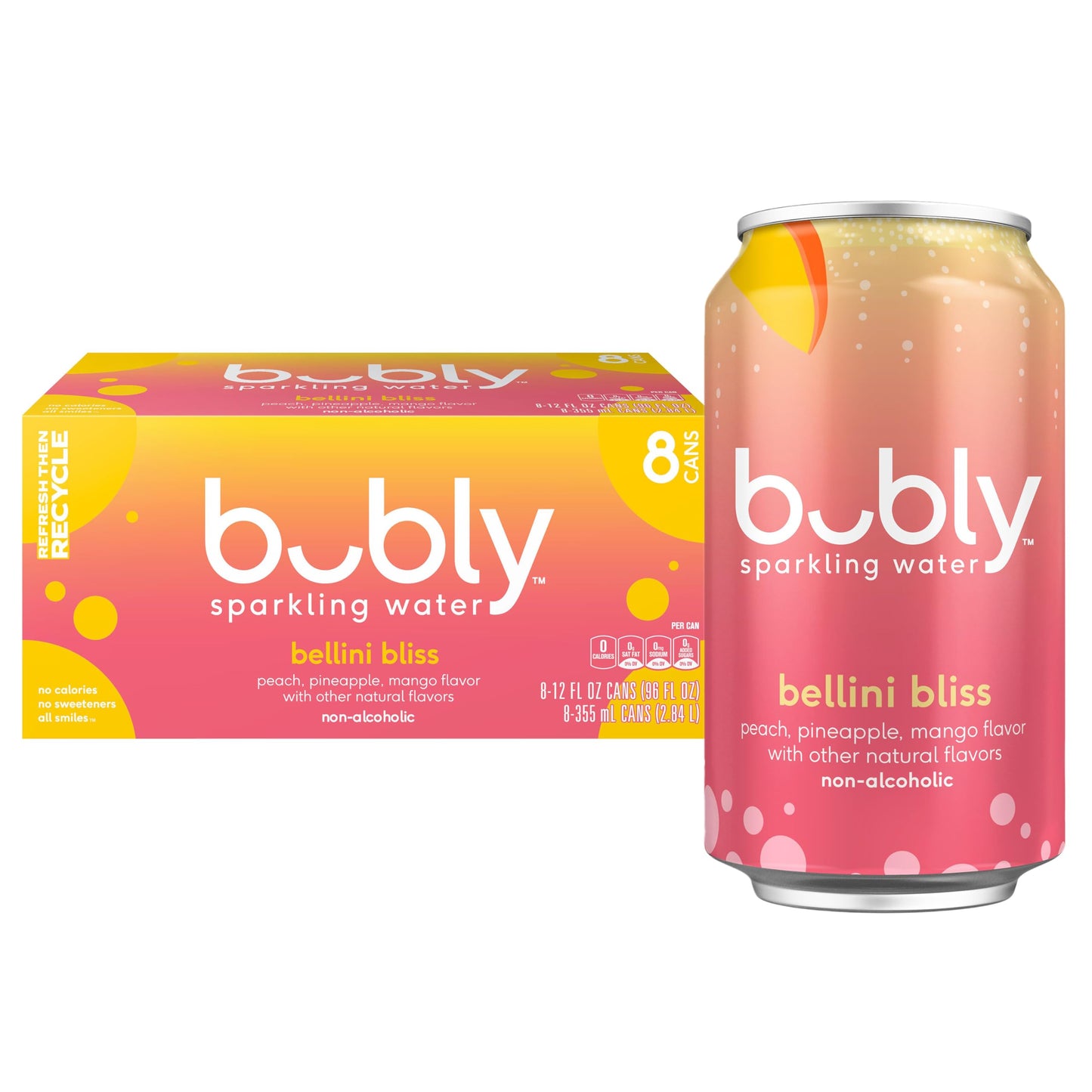 bubly Sparkling Water, Bellini Bliss, Zero Sugar & Zero Calories, 12 Fl Oz Cans (Pack of 8)