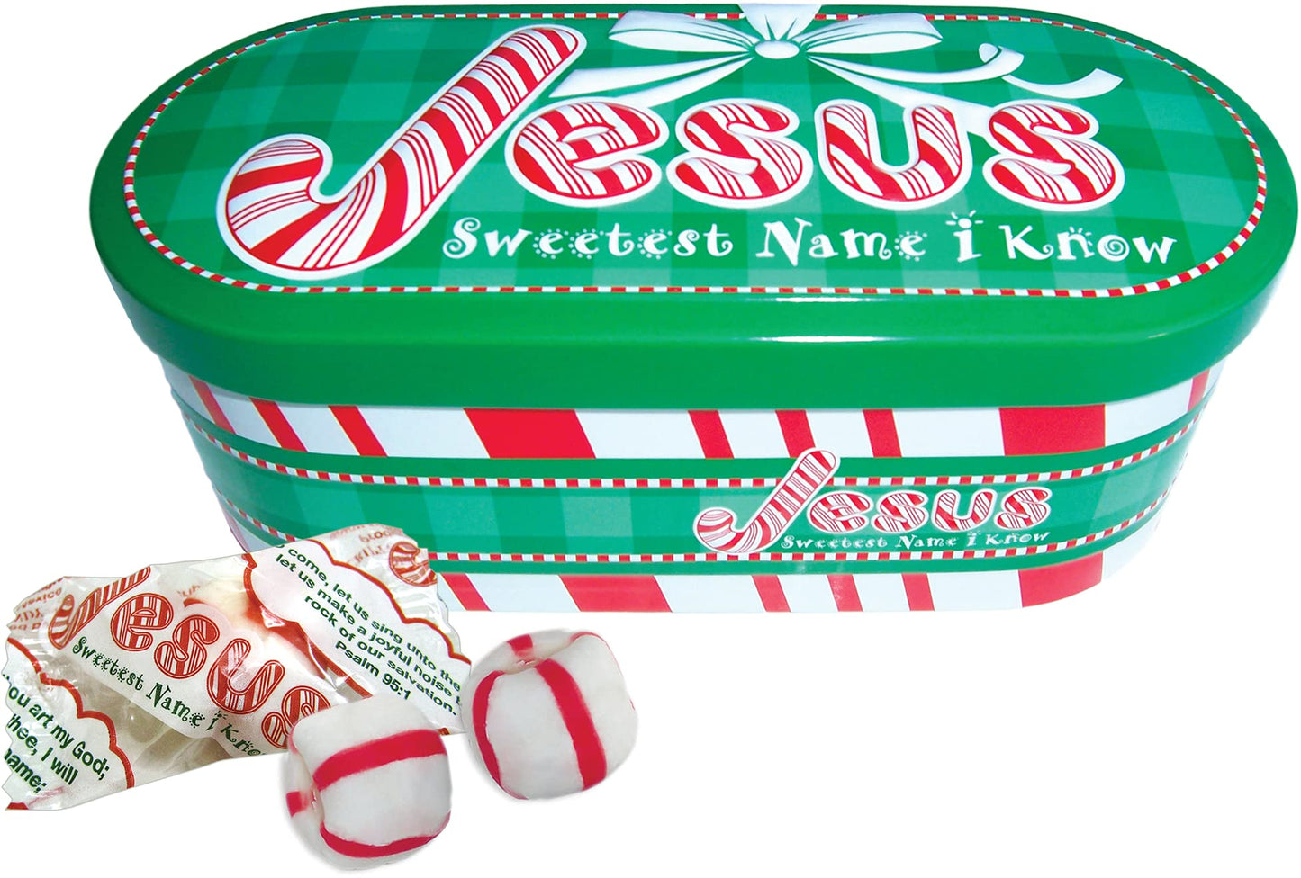 Scripture Candy, Jesus Sweetest Name I Know Christmas Tin with Soft Peppermint Candy, 4 Ounces