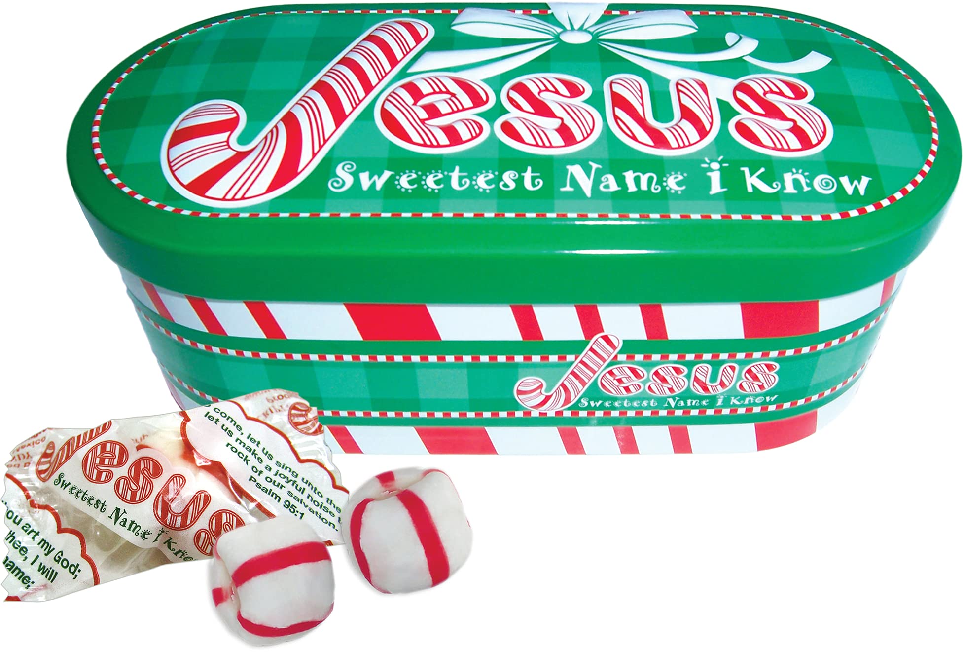 Scripture Candy, Jesus Sweetest Name I Know Christmas Tin with Soft Peppermint Candy, 4 Ounces