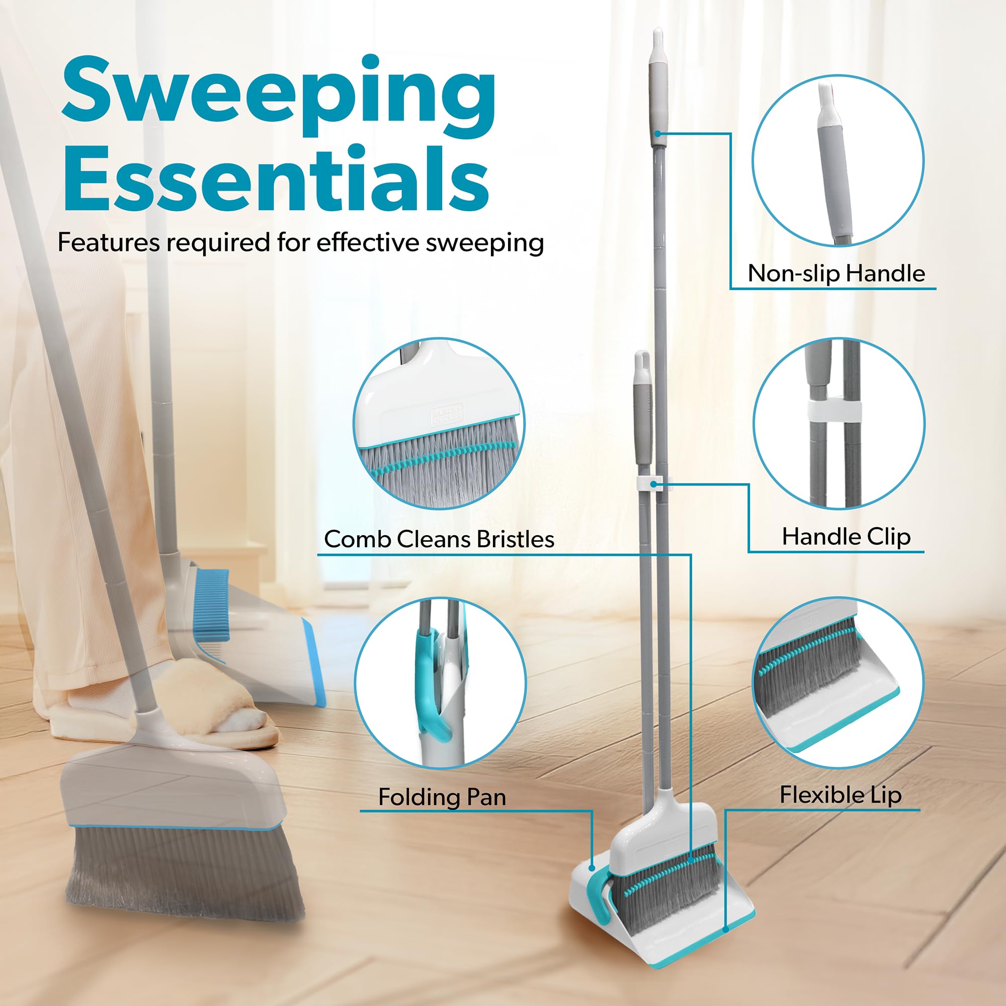BLACK+DECKER Butler Broom and Dustpan Set for Home, Short Handle, Stand Up and Lightweight Space Saving Dust Pan and Broom Combo for Kitchen, Living