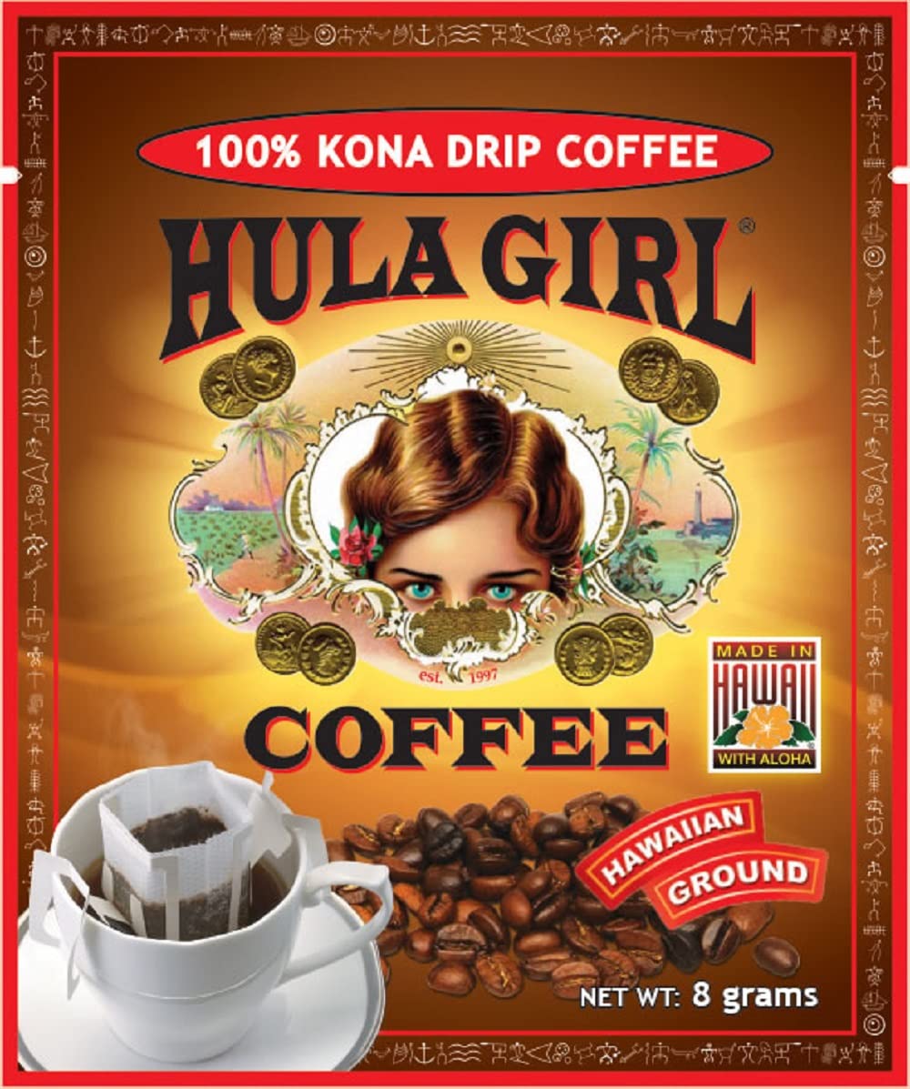 Hula Girl 100% Kona Drip Coffee Single Serve Pour Over, Box of 5 Sachets, Net Wt: 1.41oz (40g)