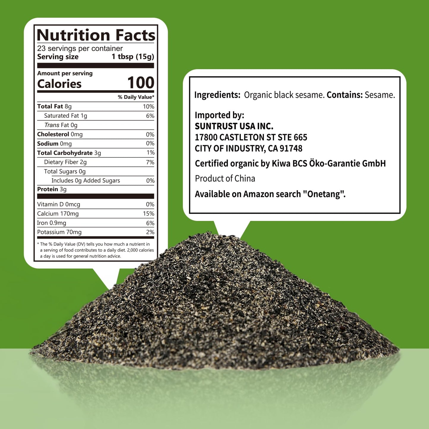 ONETANG Organic Black Sesame Powder,Plant Based,Gluten-Free,Vegan,Protein Source No Sugar,Low Temp Roasted,Halal,Non-GMO,Black Sesame Paste 12.36 Oz