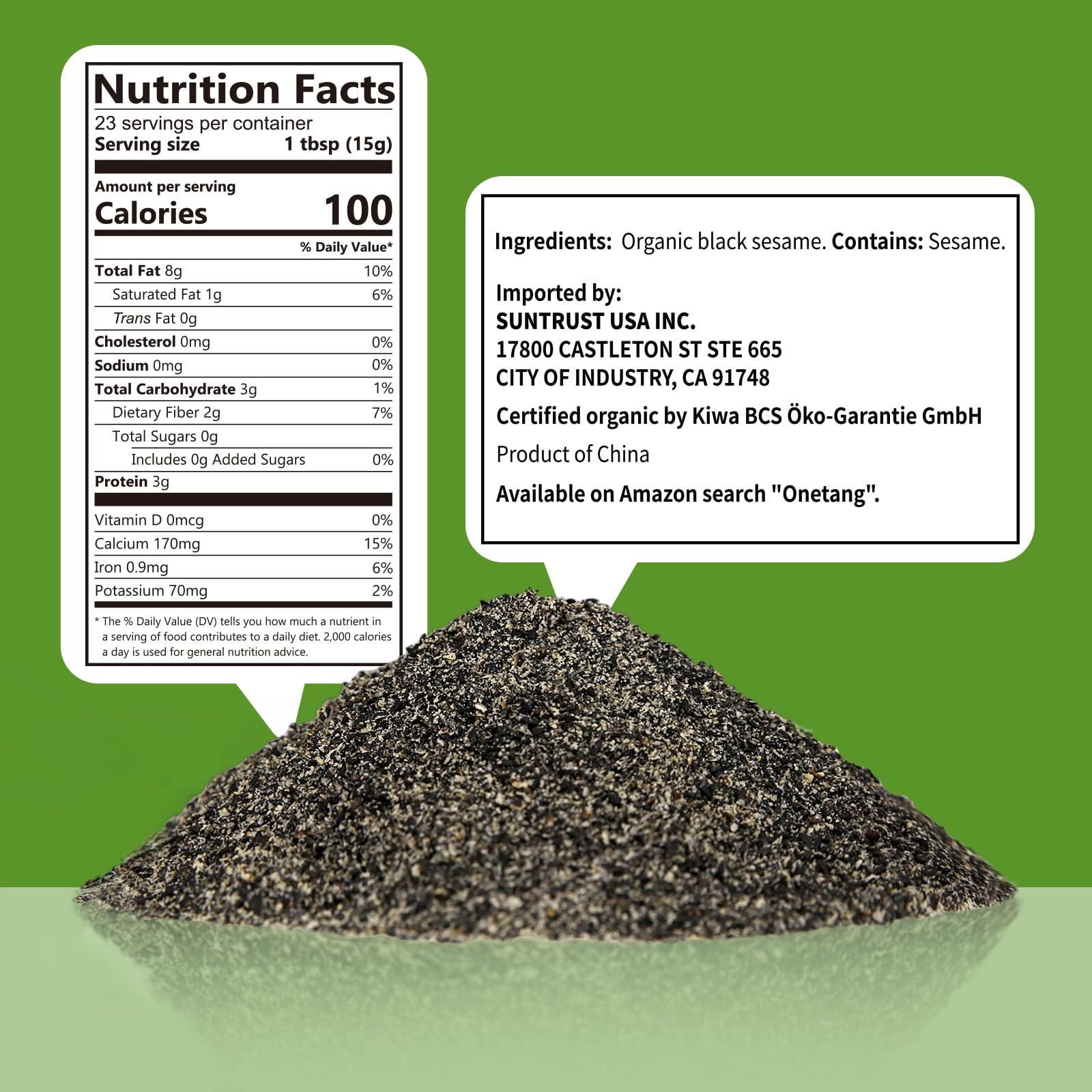 ONETANG Organic Black Sesame Powder,Plant Based,Gluten-Free,Vegan,Protein Source No Sugar,Low Temp Roasted,Halal,Non-GMO,Black Sesame Paste 12.36 Oz