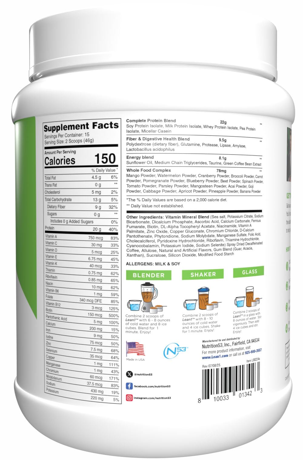 N53 Lean1 Meal Replacement Protein Powder, Cafe Latte Flavor, 15 Serving tub, No Sugar Added