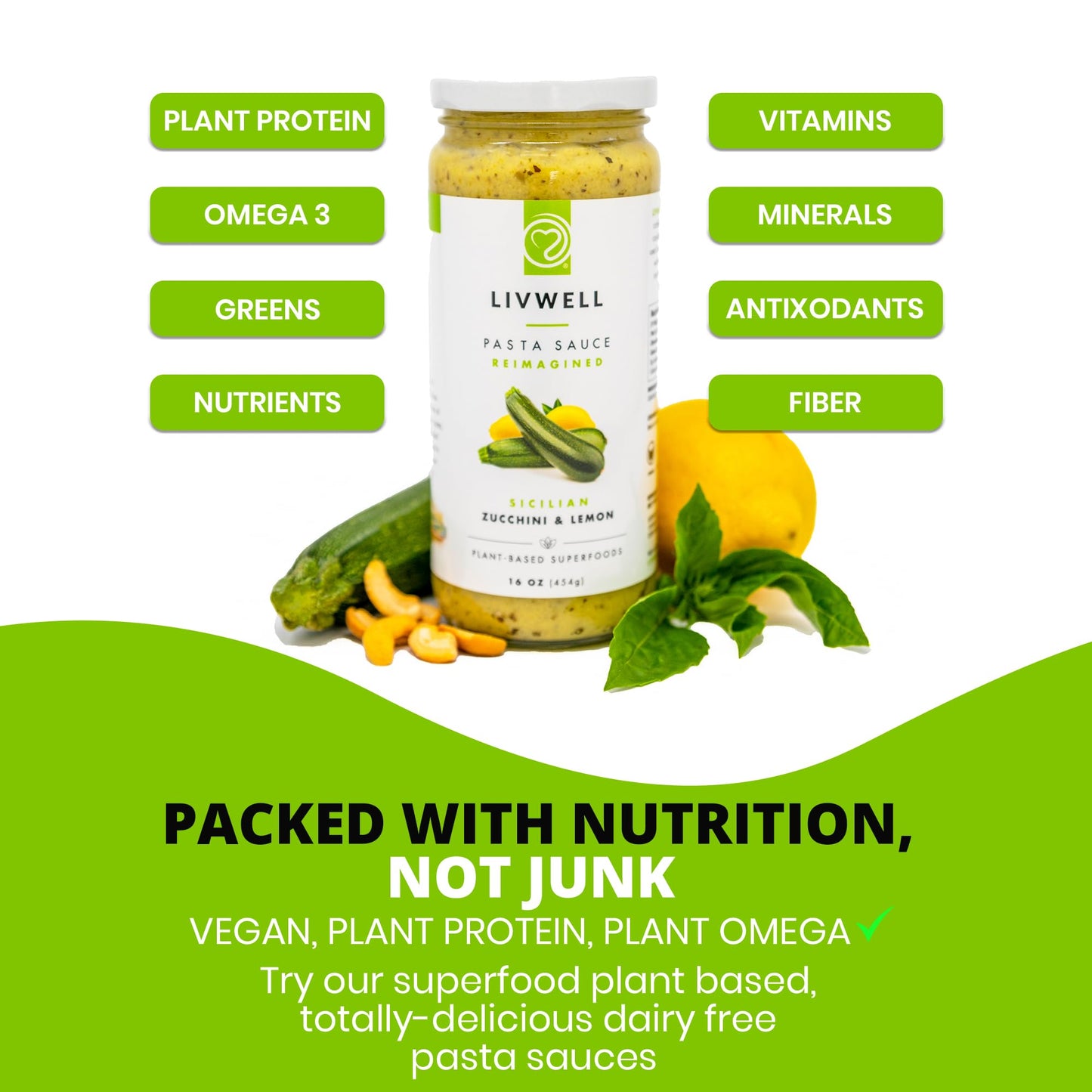 LIVWELL Sicilian Zucchini Pasta Sauce - Pack of 6 Plant Based Dairy Free Sicilian Zucchini & Lemon Pasta Sauce with Fresh Basil, Olive Oil, Cashews