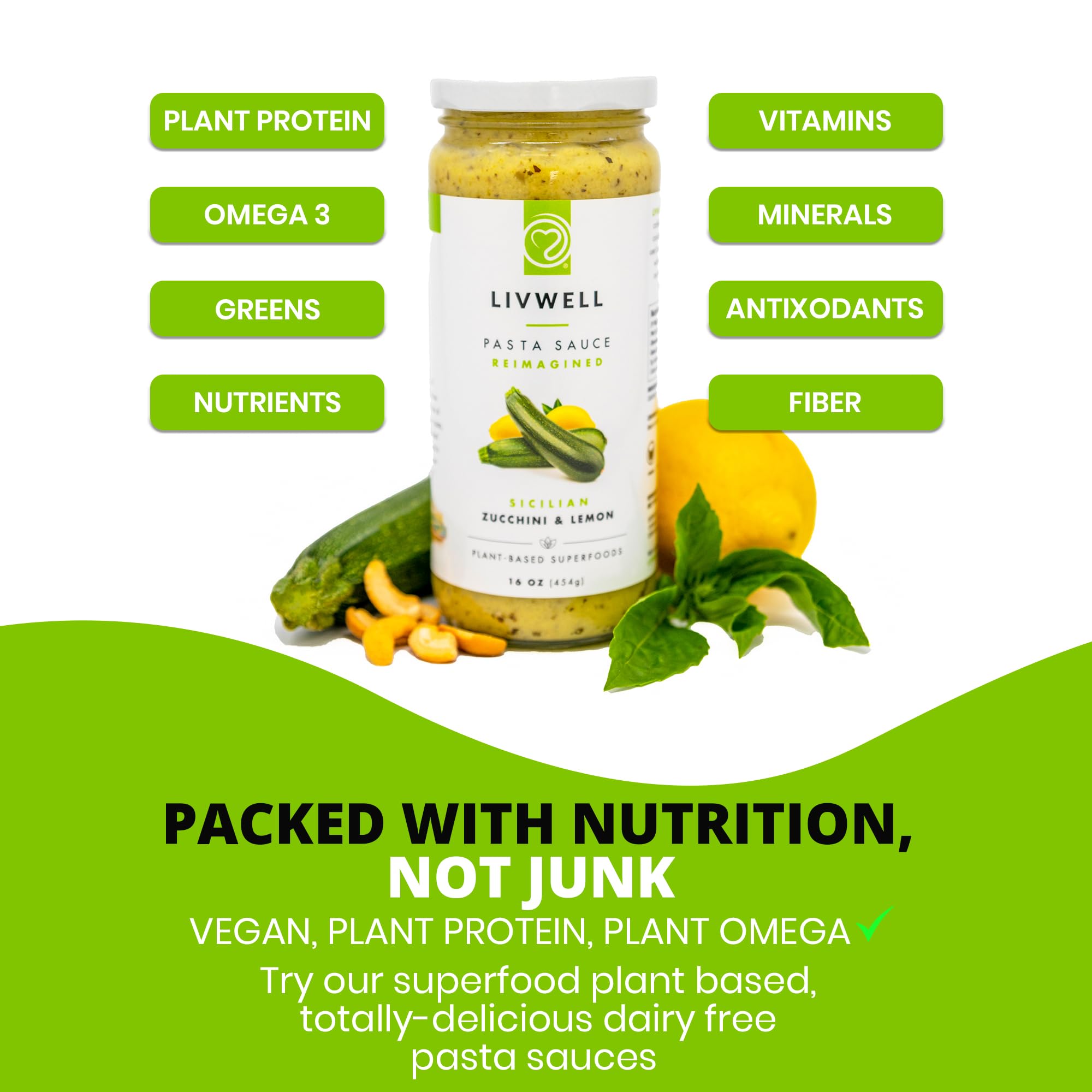 LIVWELL Sicilian Zucchini Pasta Sauce - Pack of 6 Plant Based Dairy Free Sicilian Zucchini & Lemon Pasta Sauce with Fresh Basil, Olive Oil, Cashews