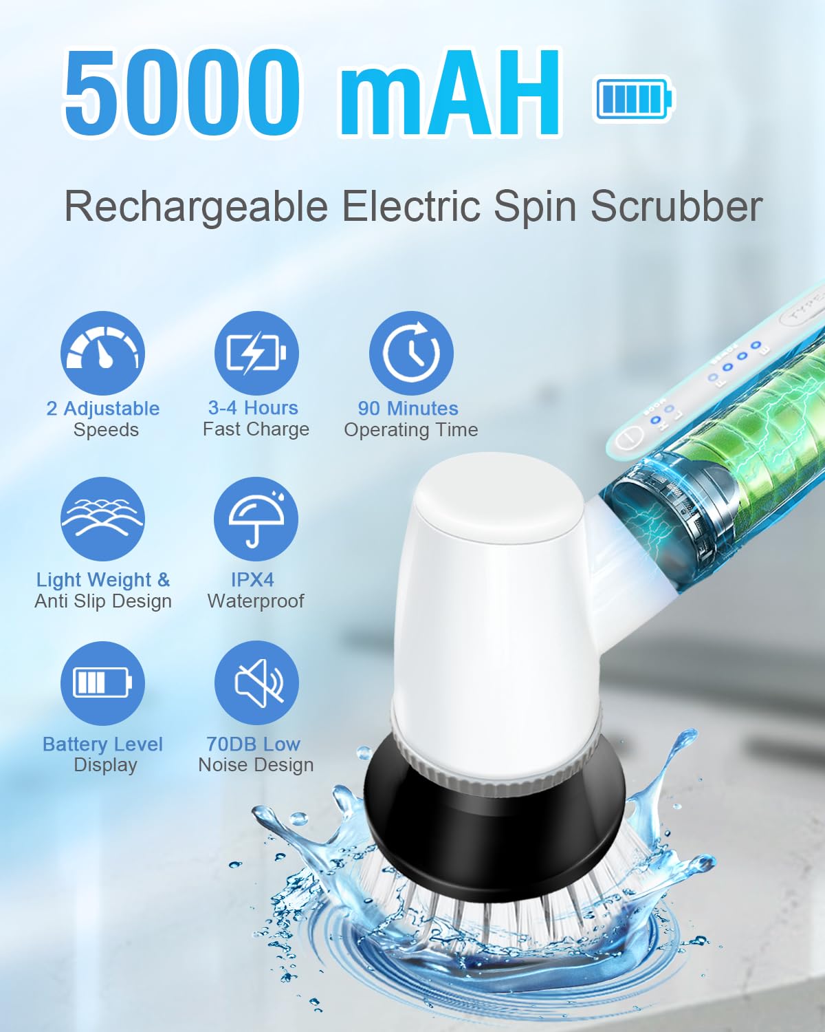 Electric Spin Scrubber Bathroom Scrubber - Cordless Shower Scrubber with Adjustable Handle, 2 Speeds, Bathroom Scrubber with 8 Replaceable Brush