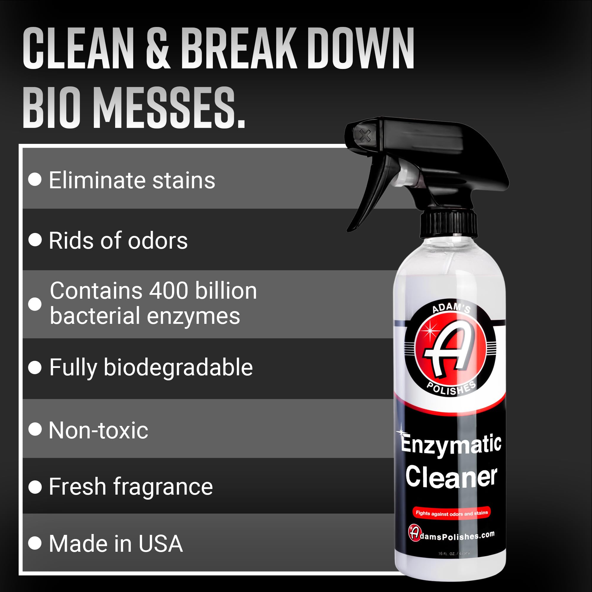 Adam's Polishes Enzymatic Cleaner 16oz - Eliminate Stains & Odors From Extreme Bio-Based Messes - Water-Based, Non-Toxic All Purpose Interior Cleaner