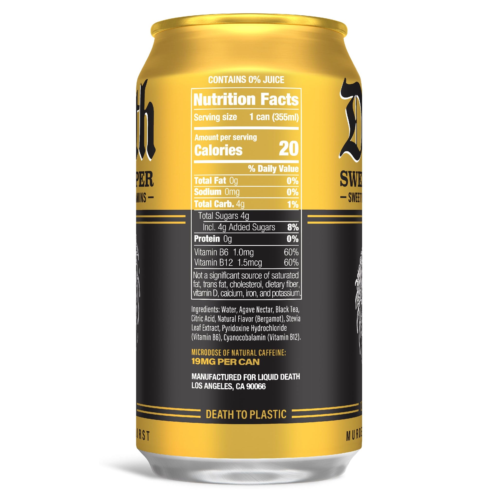 Liquid Death Iced Tea - Sweet Reaper (Black Sweet Tea), Less Sugar*, Boost of Caffeine, B Vitamins, No Artificial Sweeteners, 12 Fl Oz (Pack of 12)