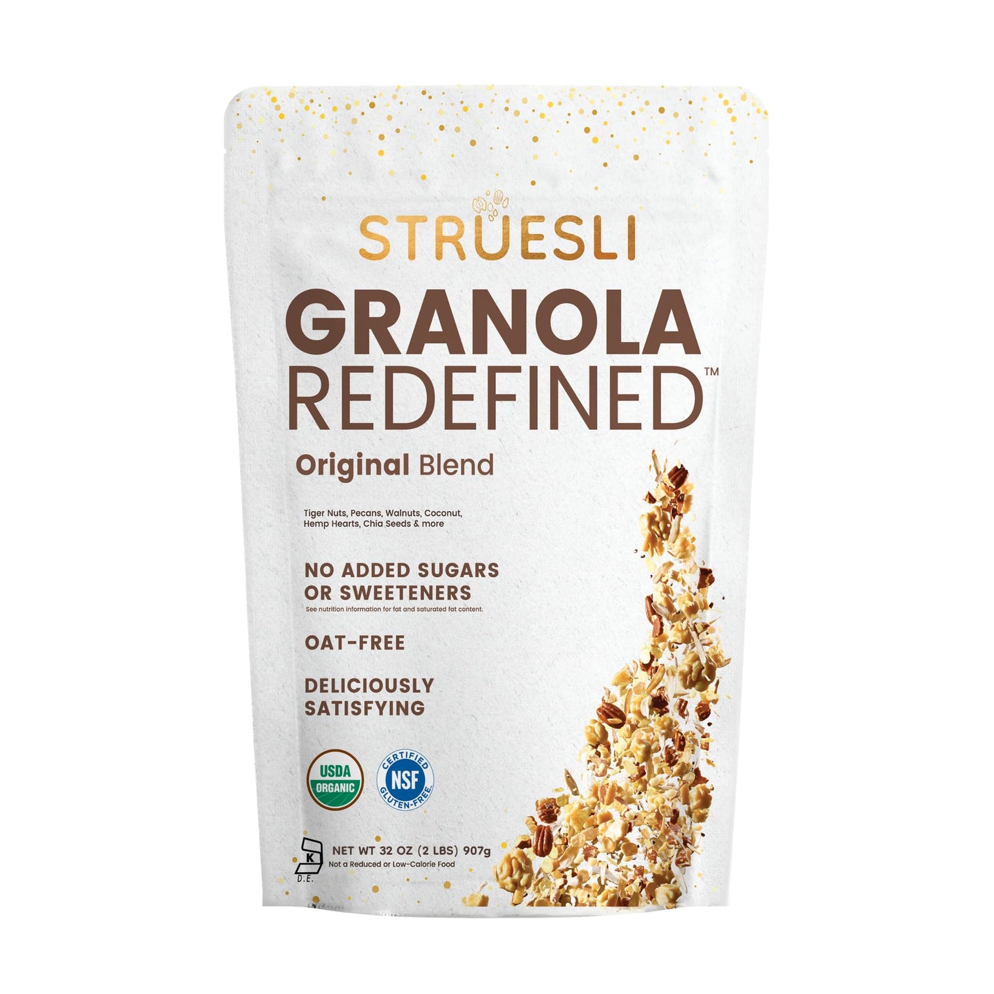 Struesli Original Organic Granola, Grain & Gluten Free, Healthy Snacks with Chia Seeds, Nuts & Sea Salt, Prebiotic High Fiber Food for Yogurt, Cereal
