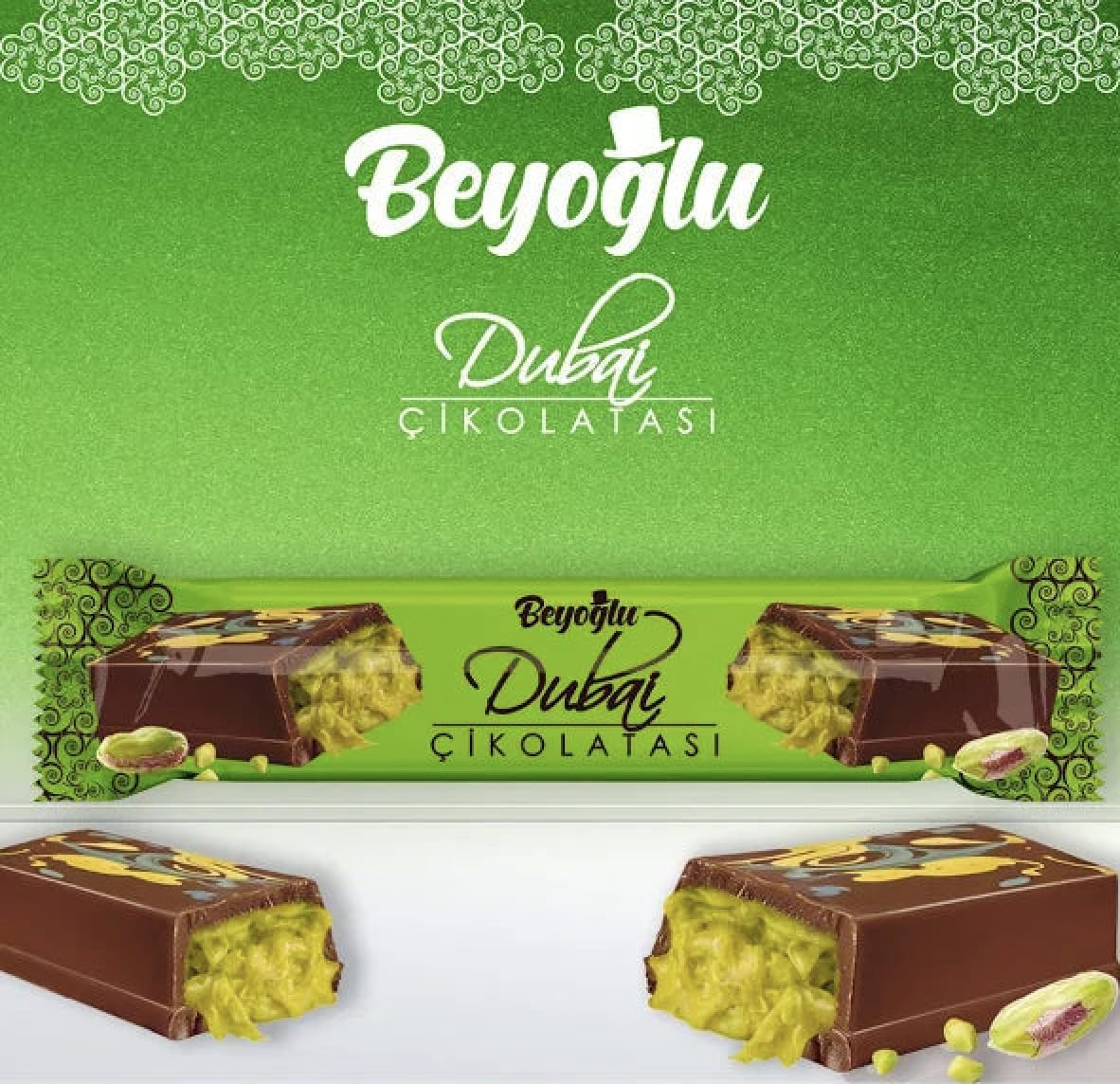 Beyoglu Dubai Chocolate 12-Pack - Milk Chocolate with Kadayif & Pistachio Cream (12 x 35g) - Ships Cold with My Gourmet Foods Thermal Bubble Mailer