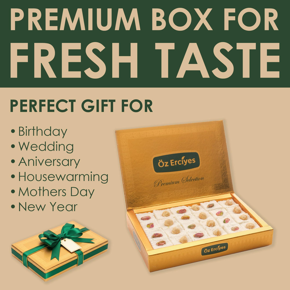 Turkish Delights Candy Gift Box - Hazelnut and Pistachio Turkish Delight, Soft Sultana Lokum Candy, Traditional Turkish Food Sweet, 17.6 oz (500g)