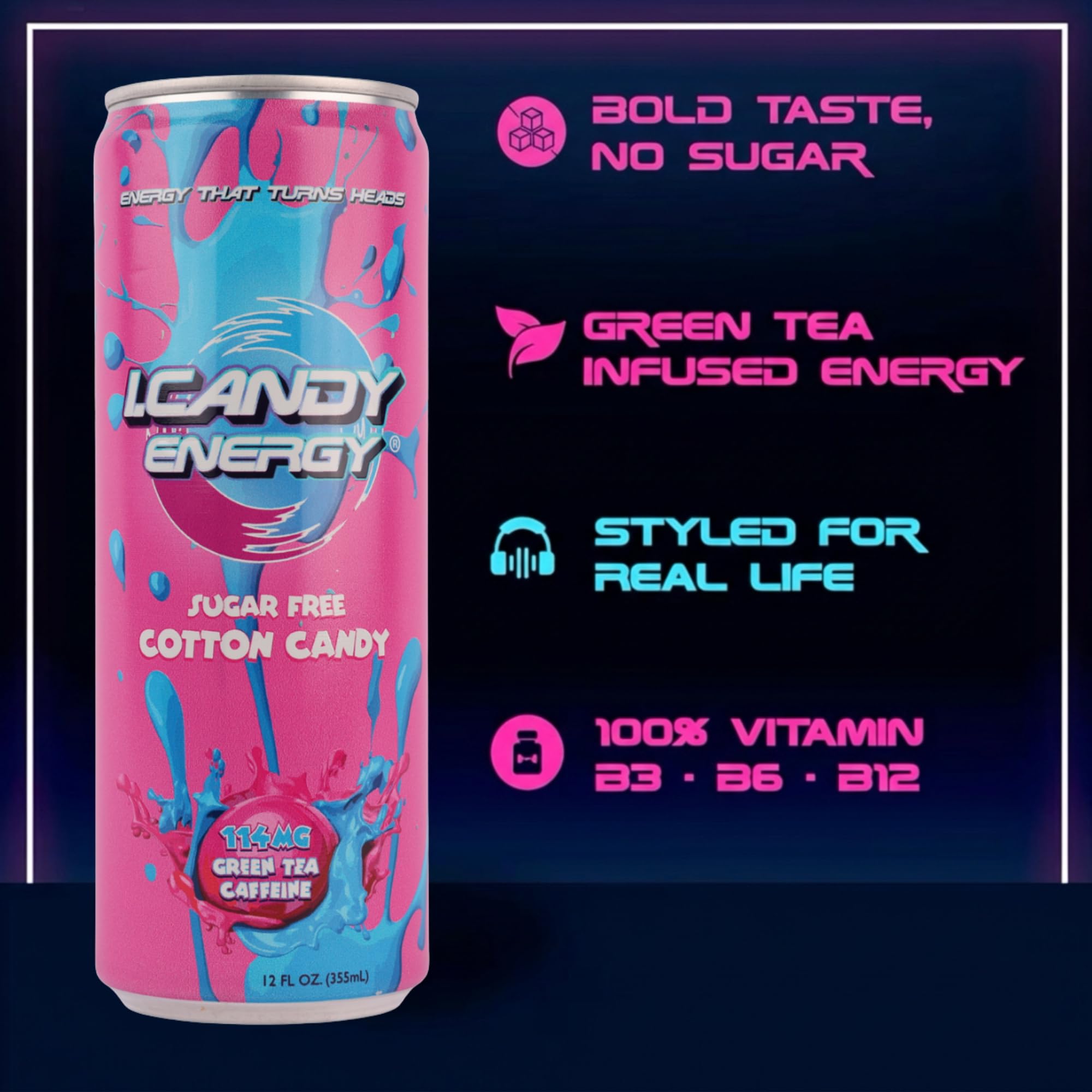 I.CANDY Energy Drink Cotton Candy, Zero Sugar Zero Calorie, 114mg Natural Caffeine from Green Tea, B3 B6 B12 Vitamins, No Crash Pink Energy Drink - 4