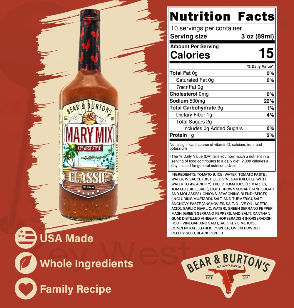 Bear & Burton’s Key West Style Mary Mix | Best Bloody Mary Mix for Perfect Cocktails | Premade Bloody Mary, Ready to Serve
