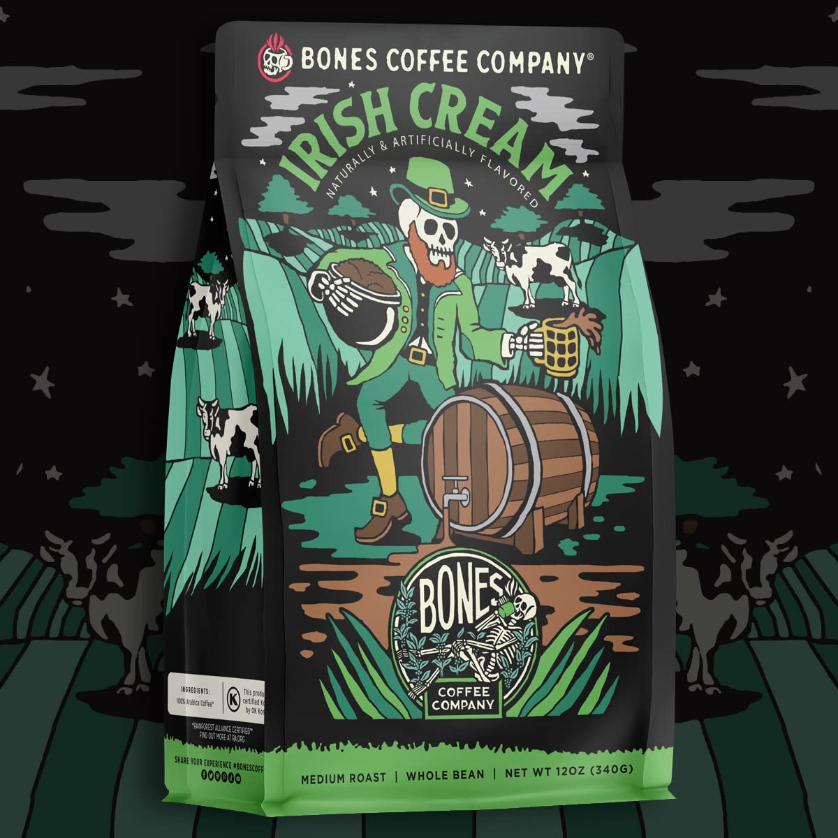 Bones Coffee Company Irish Cream, Creamy Liqueur Flavored Coffee, Medium Roast Low Acid Arabica Beans Compatible with Auto drip and French Press