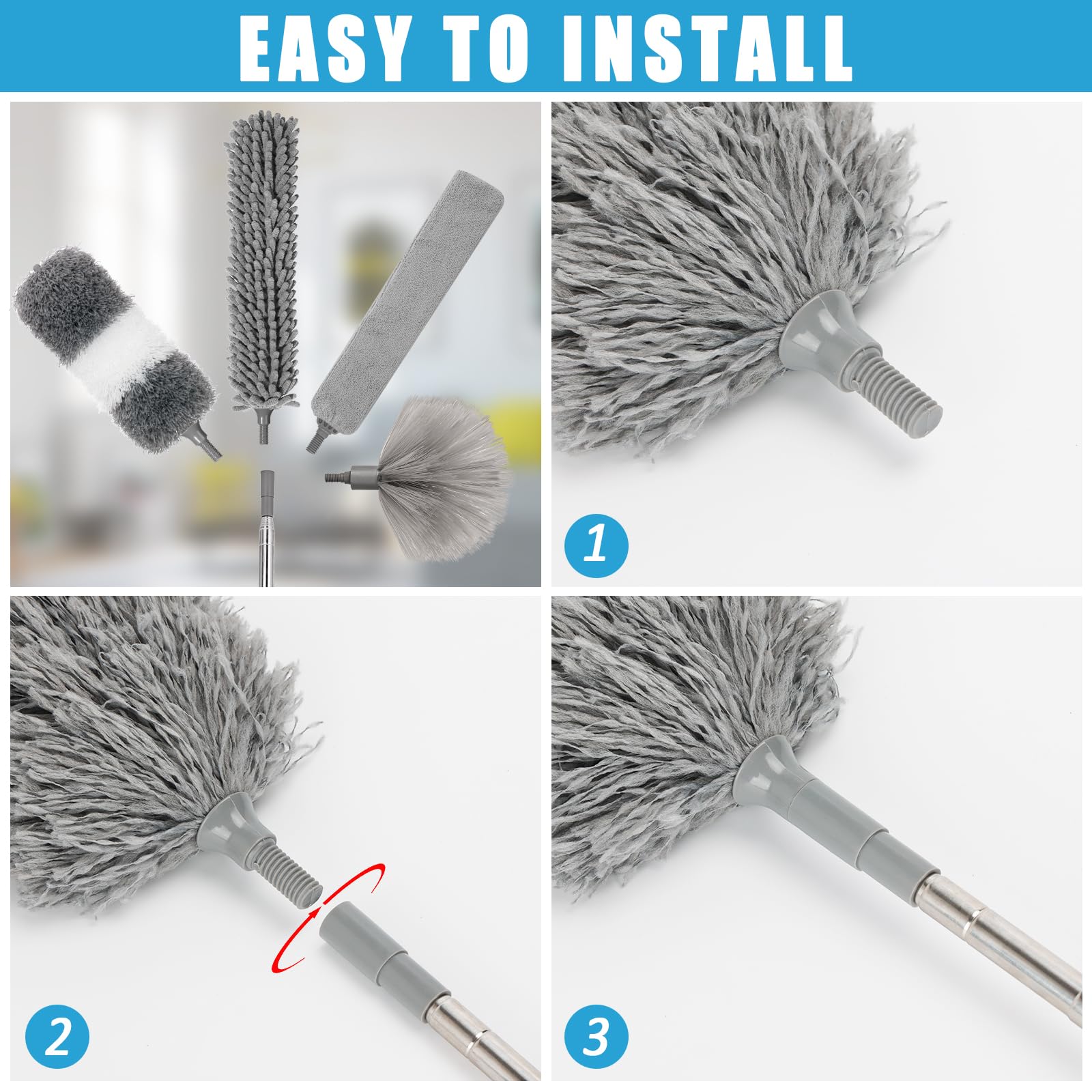 HLWDFLZ Microfiber Duster Kit 36pcs with 30 to 100 in Extension Pole and Ceiling Fan Cleaner Duster, Washable and Bendable Feather Duster for Cleaning