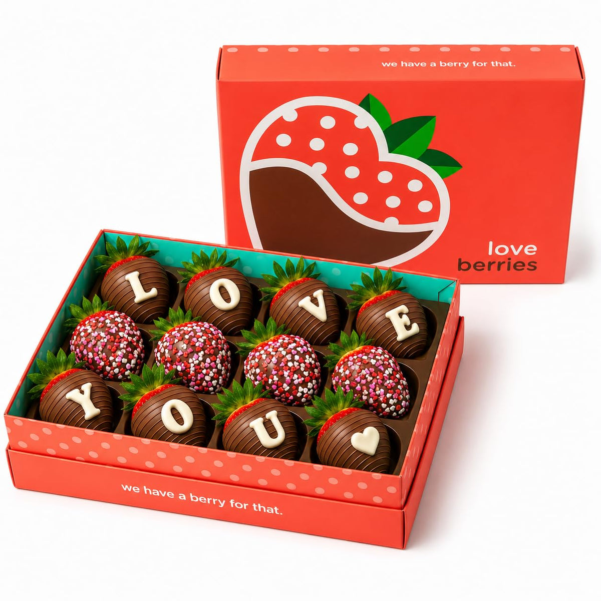Chocolate Covered Strawberries Gift Box - 12 Count Gourmet Strawberries with “LOVE YOU” Message - Romantic Gift for Valentine’s Day, Anniversaries