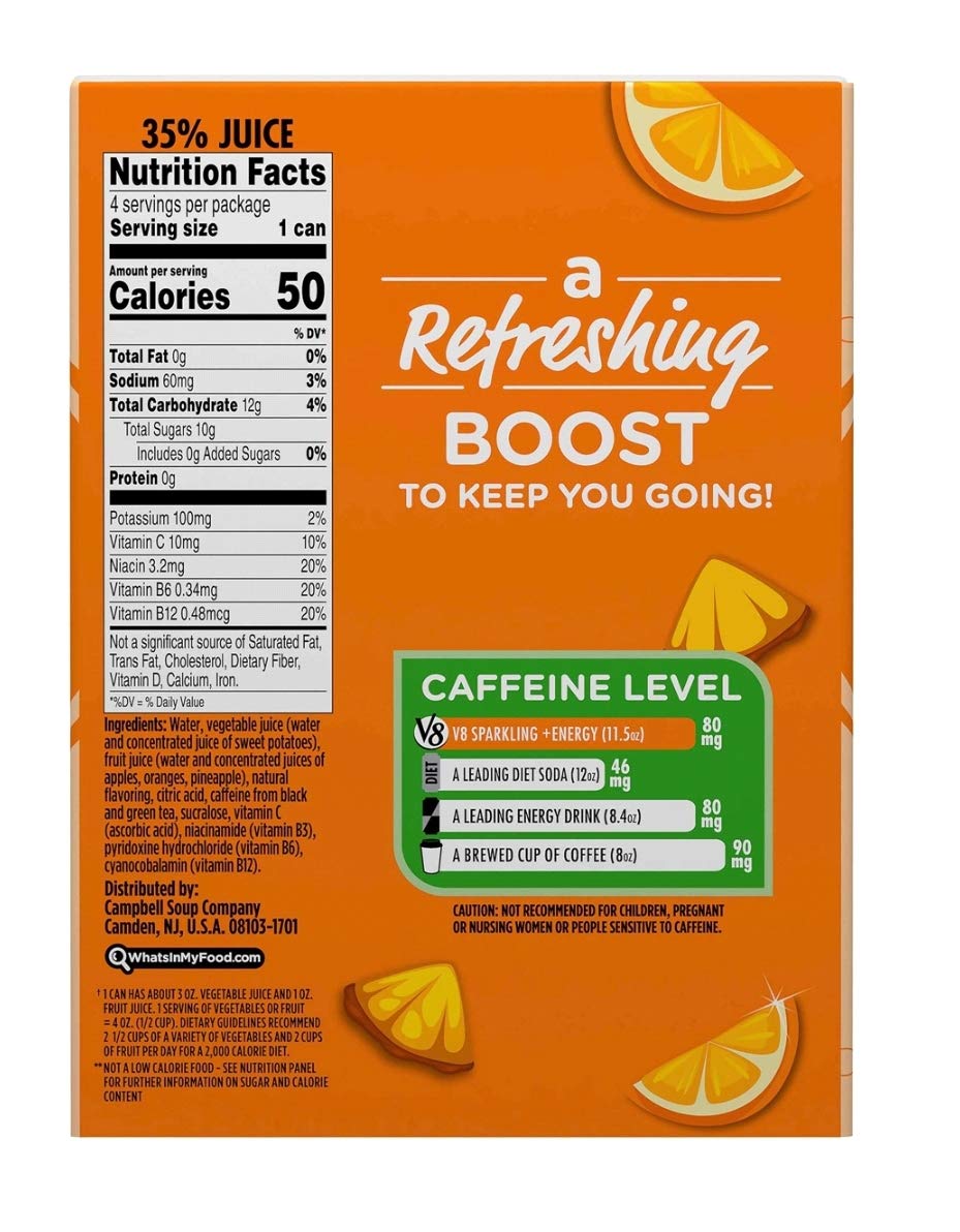 V8 +Energy Sparkling Healthy Energy Drink, Natural Energy from Tea, Orange Pineapple, 8.4 Oz Can, 4 Count