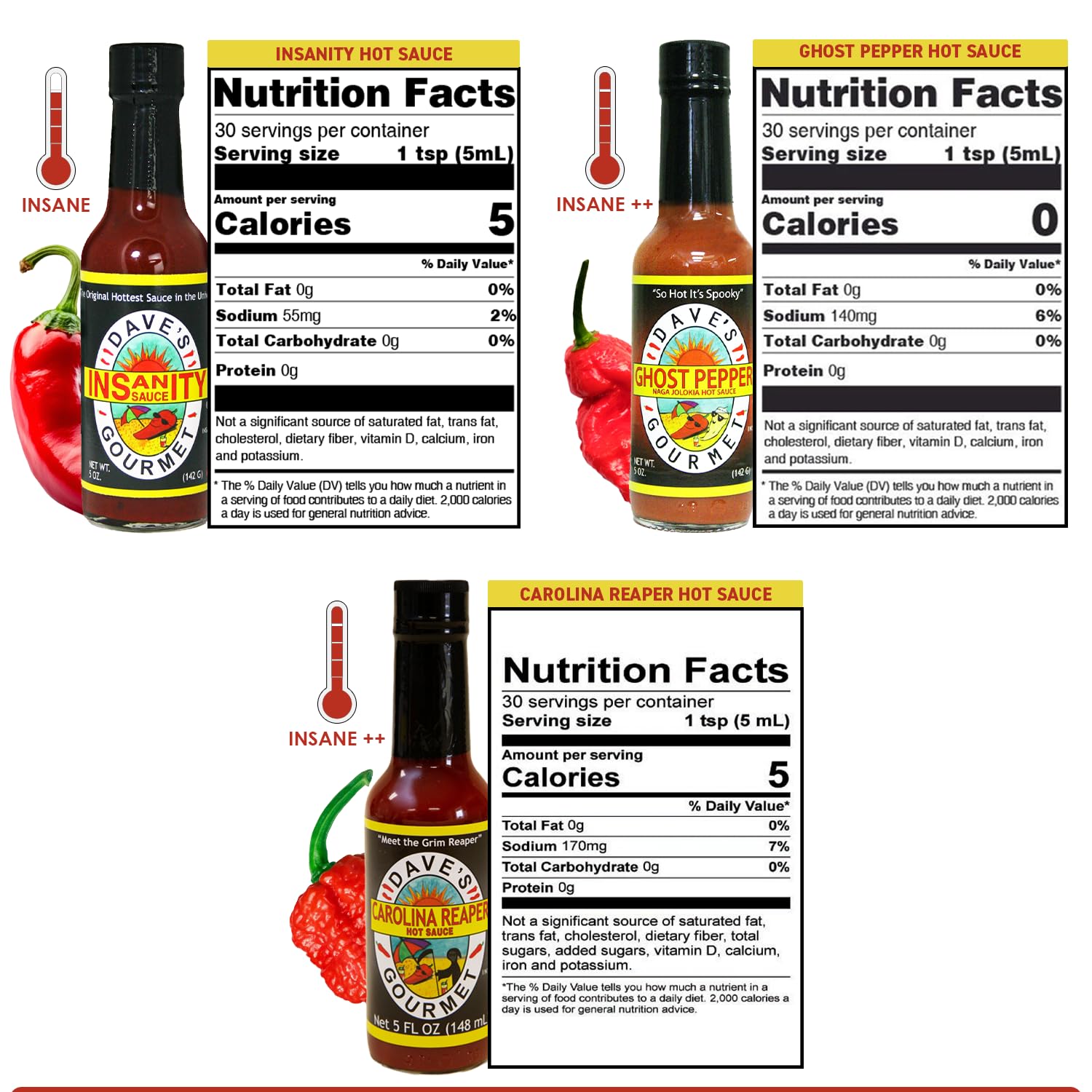 Dave's Gourmet Super Spicy Hot Sauce Variety 3 Pack - Includes Original Insanity, Ghost Pepper Naga Jolokia, and Carolina Reaper - Hot Sauce Set