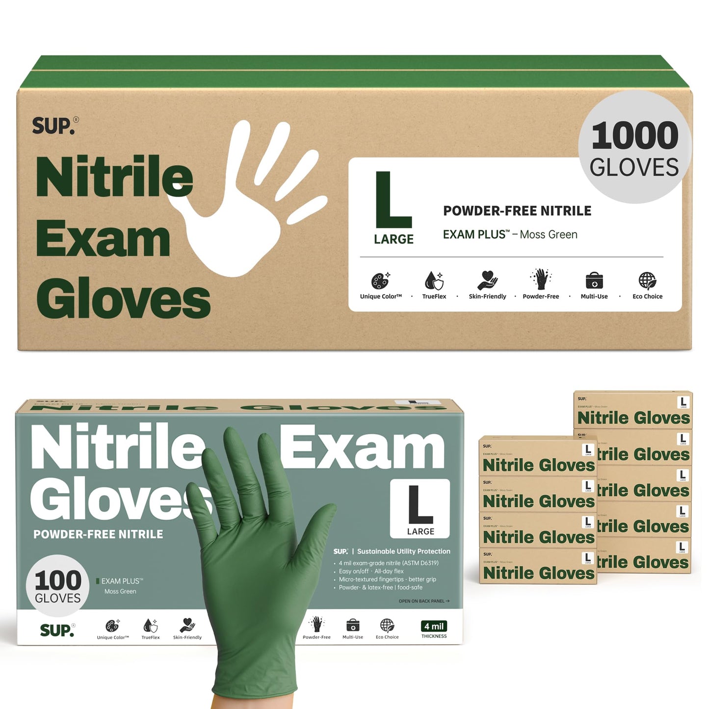 SUP Nitrile Exam Gloves, Powder-Free Latex-Free Food Safe Cooking Cleaning Disposable Medical Glove, Moss Green, 1000 Pcs (Large)