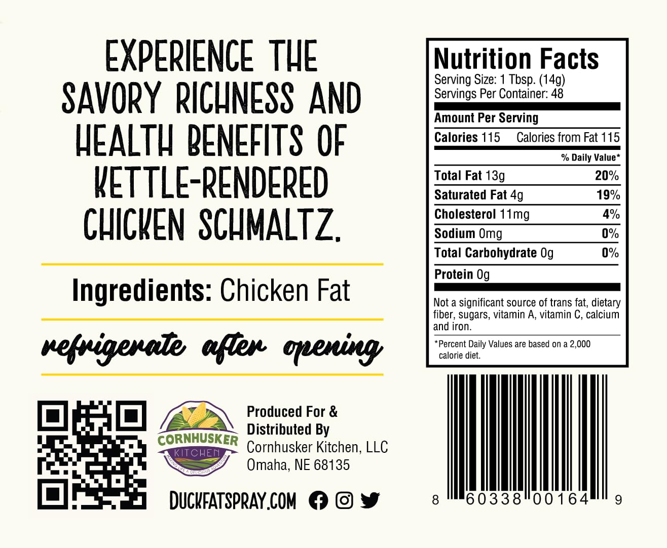 Cornhusker Kitchen Premium Rendered Tub 1.5lbs (Chicken Fat)