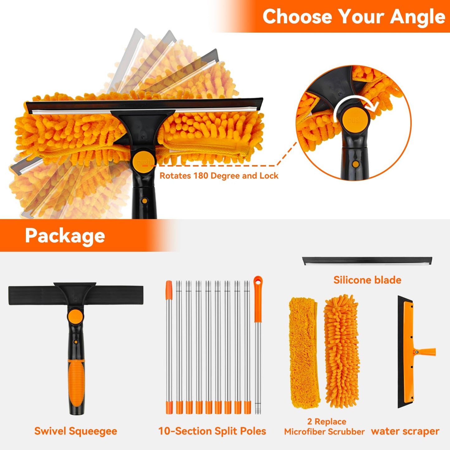 Window Cleaning Tools Window Squeegee: 2 in 1 Double-Sided Professional Cleaner Window Washing Kit with Extension Pole 20+ Ft Duster for High Ceilings